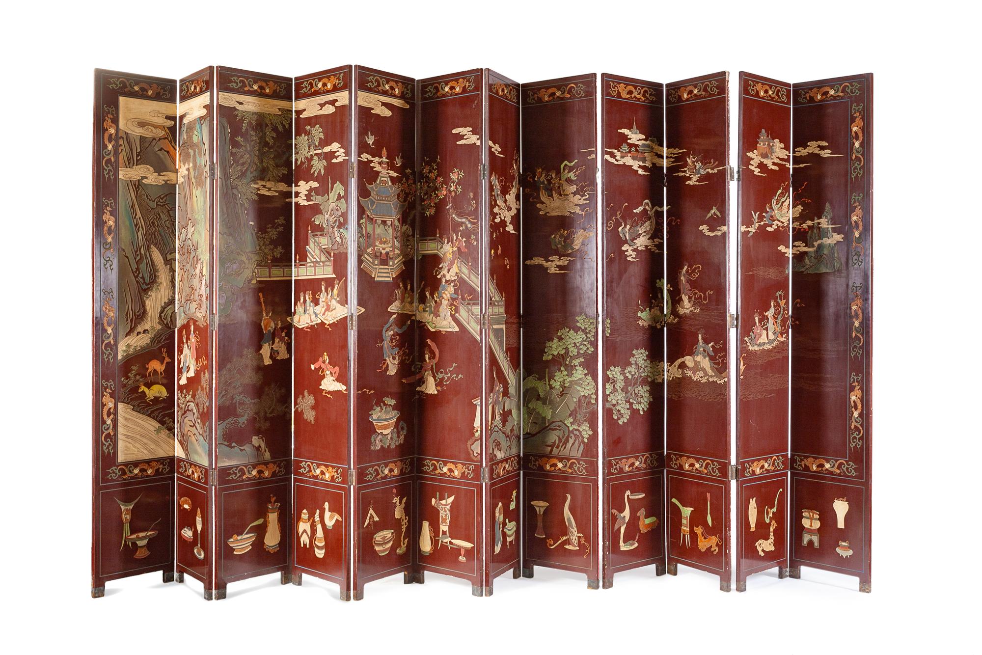 A Chinese Coromandel Twelve-Panel Floor Screen Height 108 x width of each panel 20 inches.