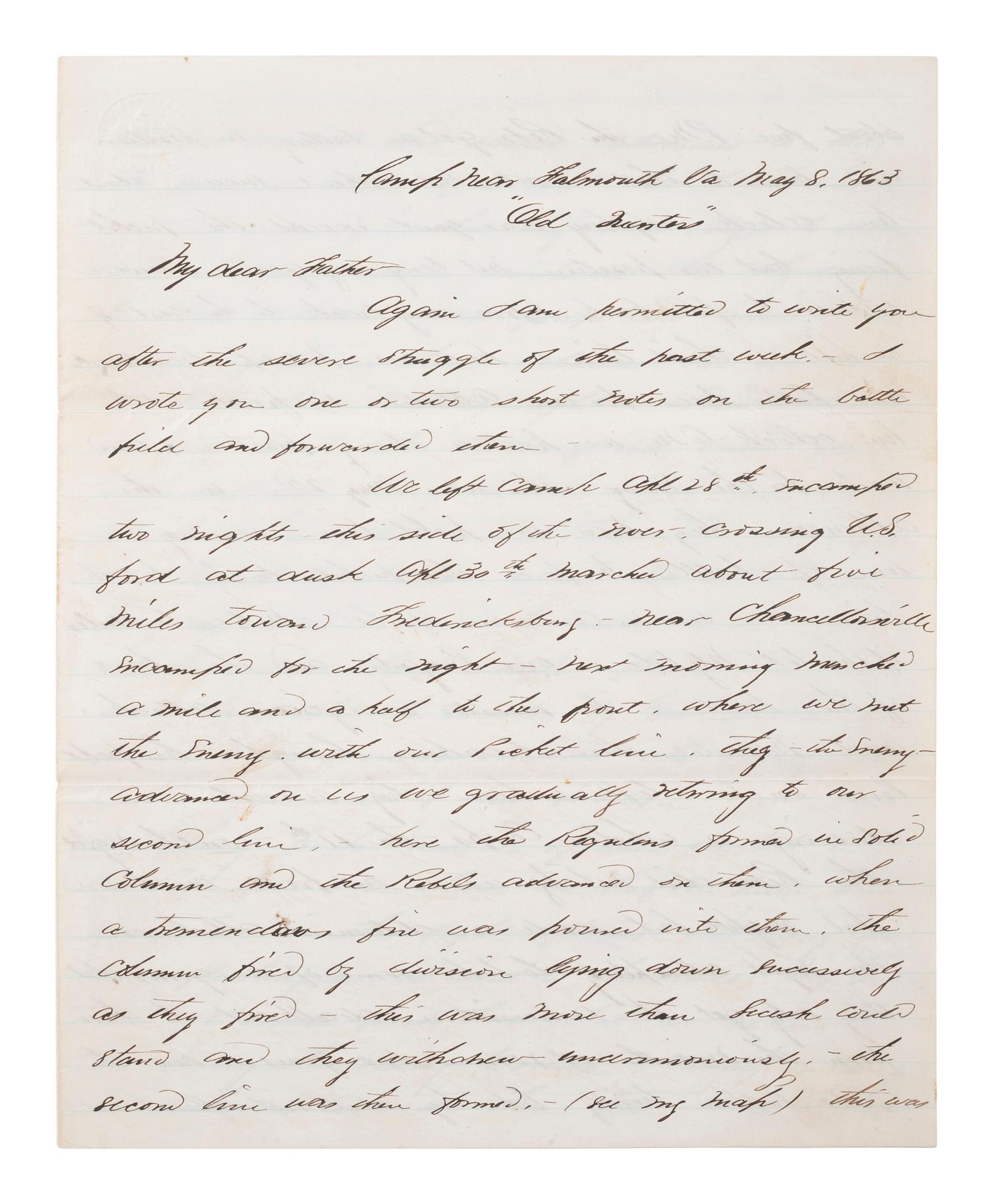 [CIVIL WAR]. Battle of Chancellorsville letter with hand-drawn map of the battlefield, written 5 days after the battle by First Lieutenant Daniel K. Cross, 5th New Hampshire Infantry. "Camp near Falmouth Va," 8 May 1863.