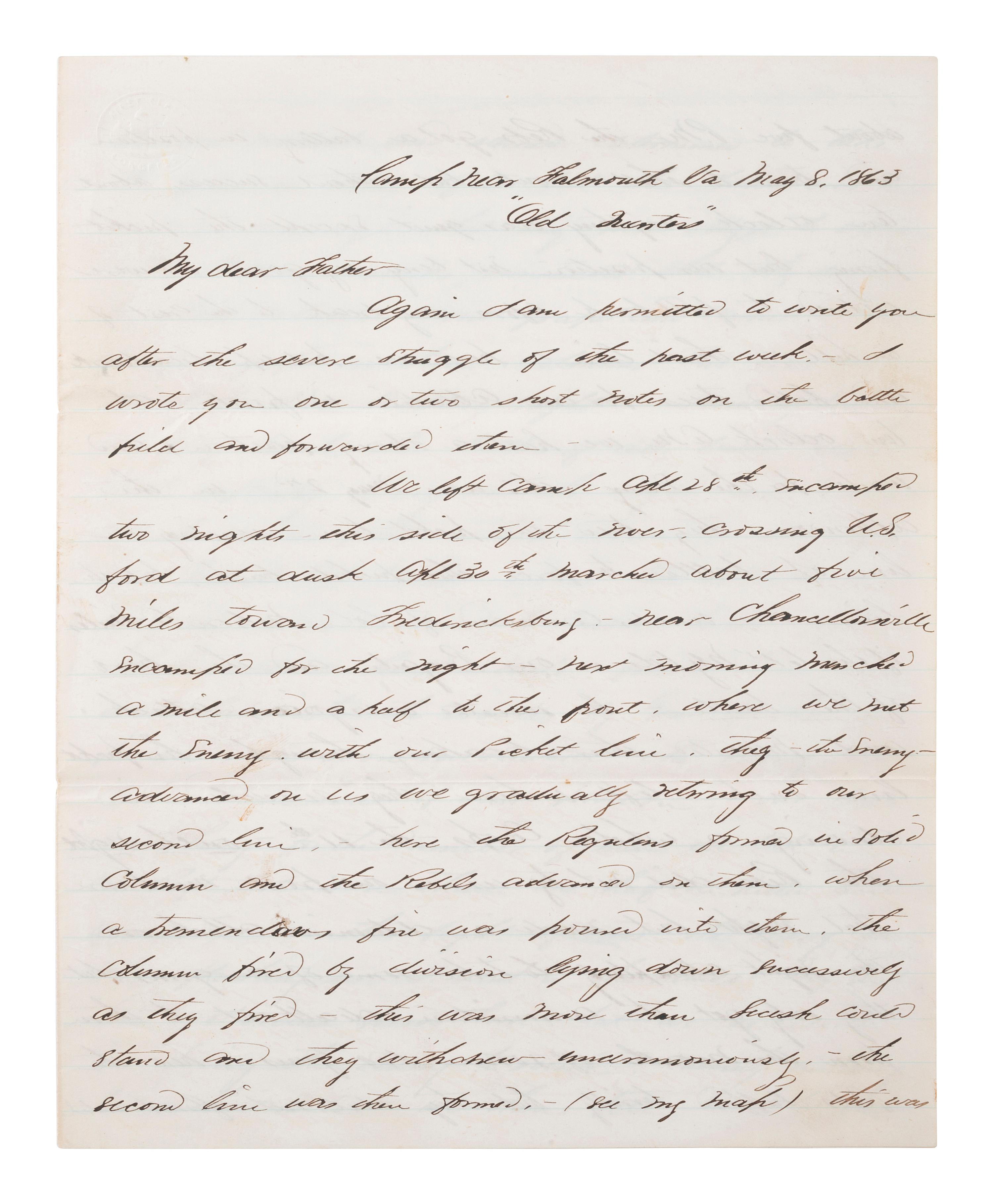 [CIVIL WAR]. Battle of Chancellorsville letter with hand-drawn map of the battlefield, written 5 days after the battle by First Lieutenant Daniel K. Cross, 5th New Hampshire Infantry. "Camp near Falmouth Va," 8 May 1863.