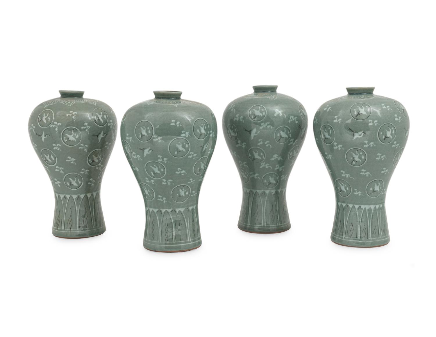 Four Korean Celadon Ground Porcelain 'Crane and Cloud' MaeByong Vases