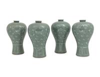 Four Korean Celadon Ground Porcelain 'Crane and Cloud' MaeByong Vases