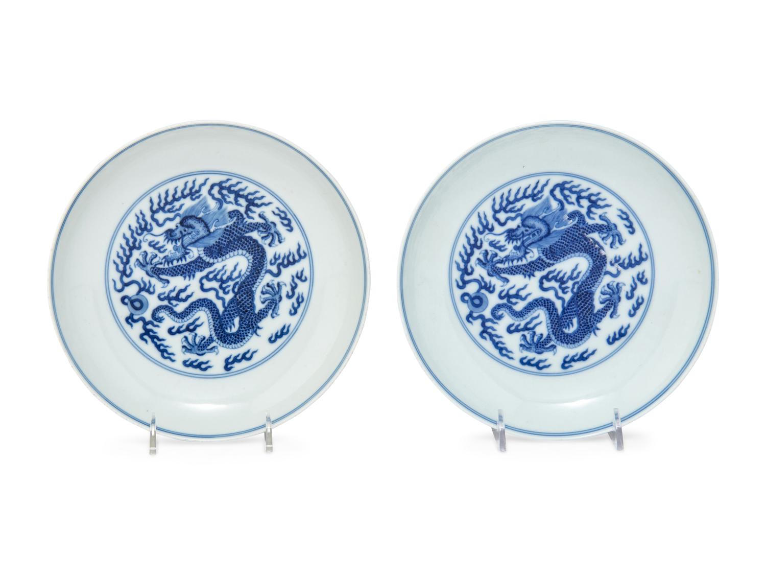A Pair of Chinese Blue and White Porcelain 'Dragon' Plates