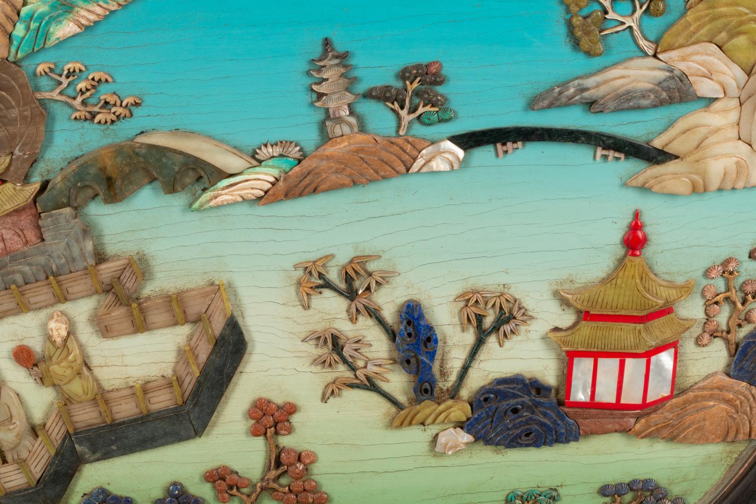 A Chinese Inlaid Circular Plaque on a Wood Base