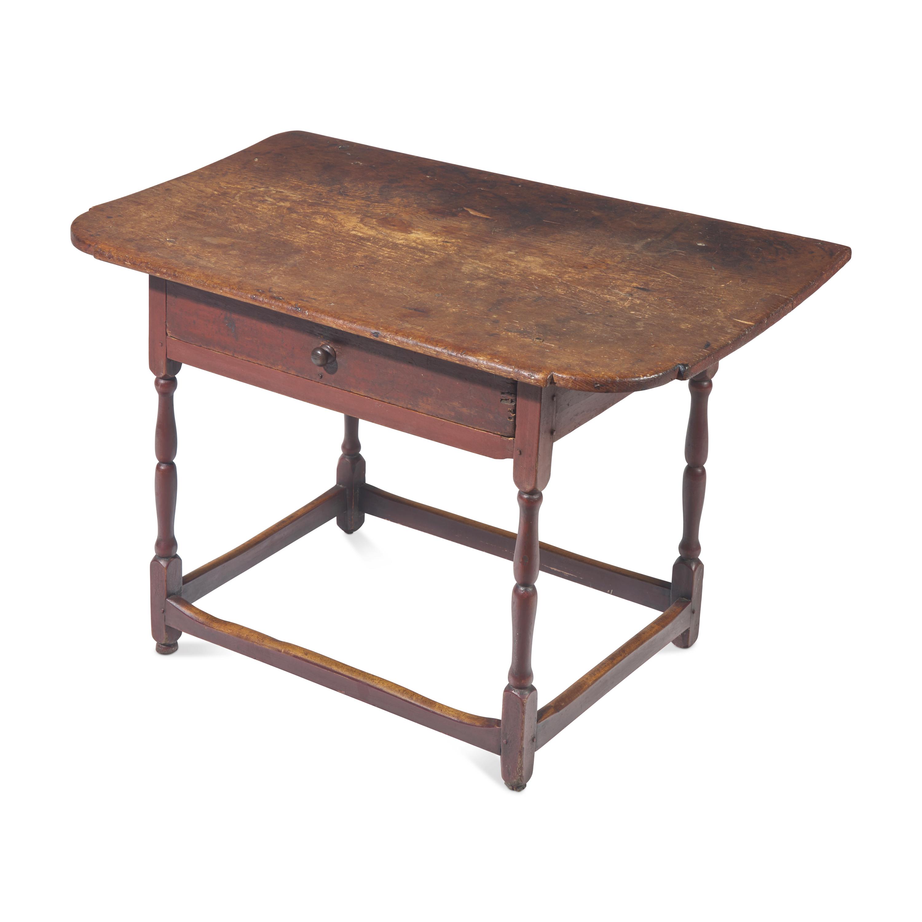A Federal Red-Painted Pine Scrubbed-Top, Stretcher-Base Tavern Table
