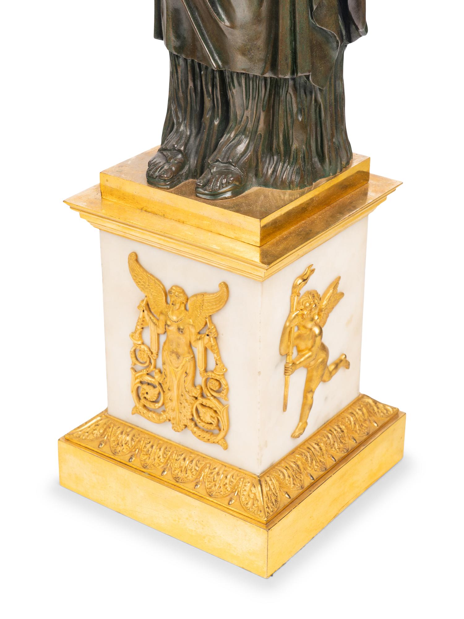 A Pair of Italian Gilt and Patinated Bronze and Marble Six-Light Candelabra