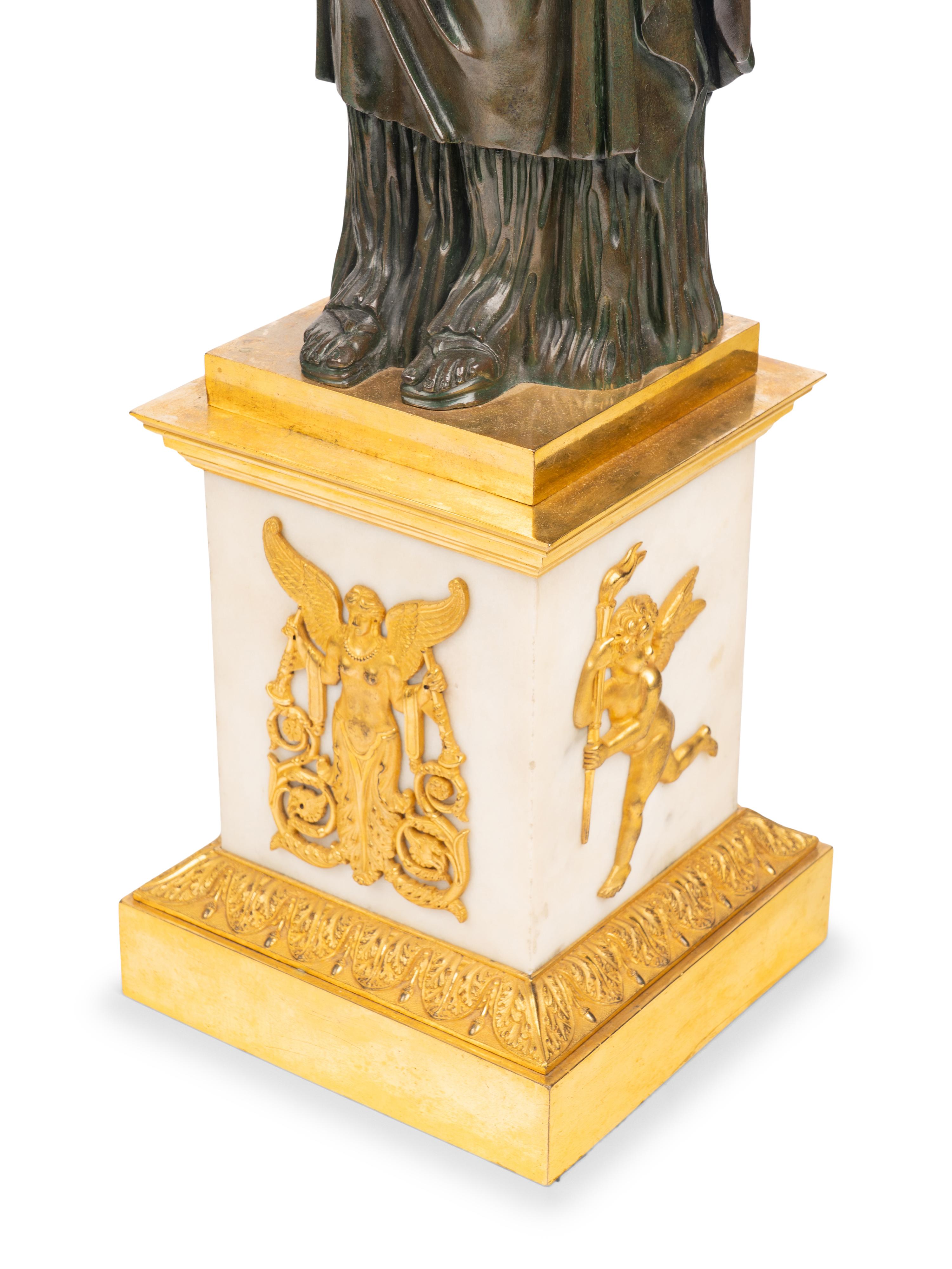 A Pair of Italian Gilt and Patinated Bronze and Marble Six-Light Candelabra