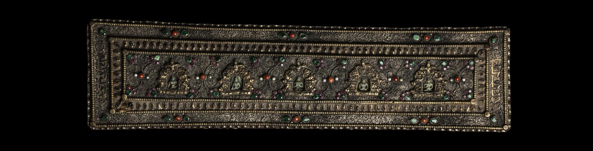 A Pair of Hardstone Inset Metal Sutra and Covers