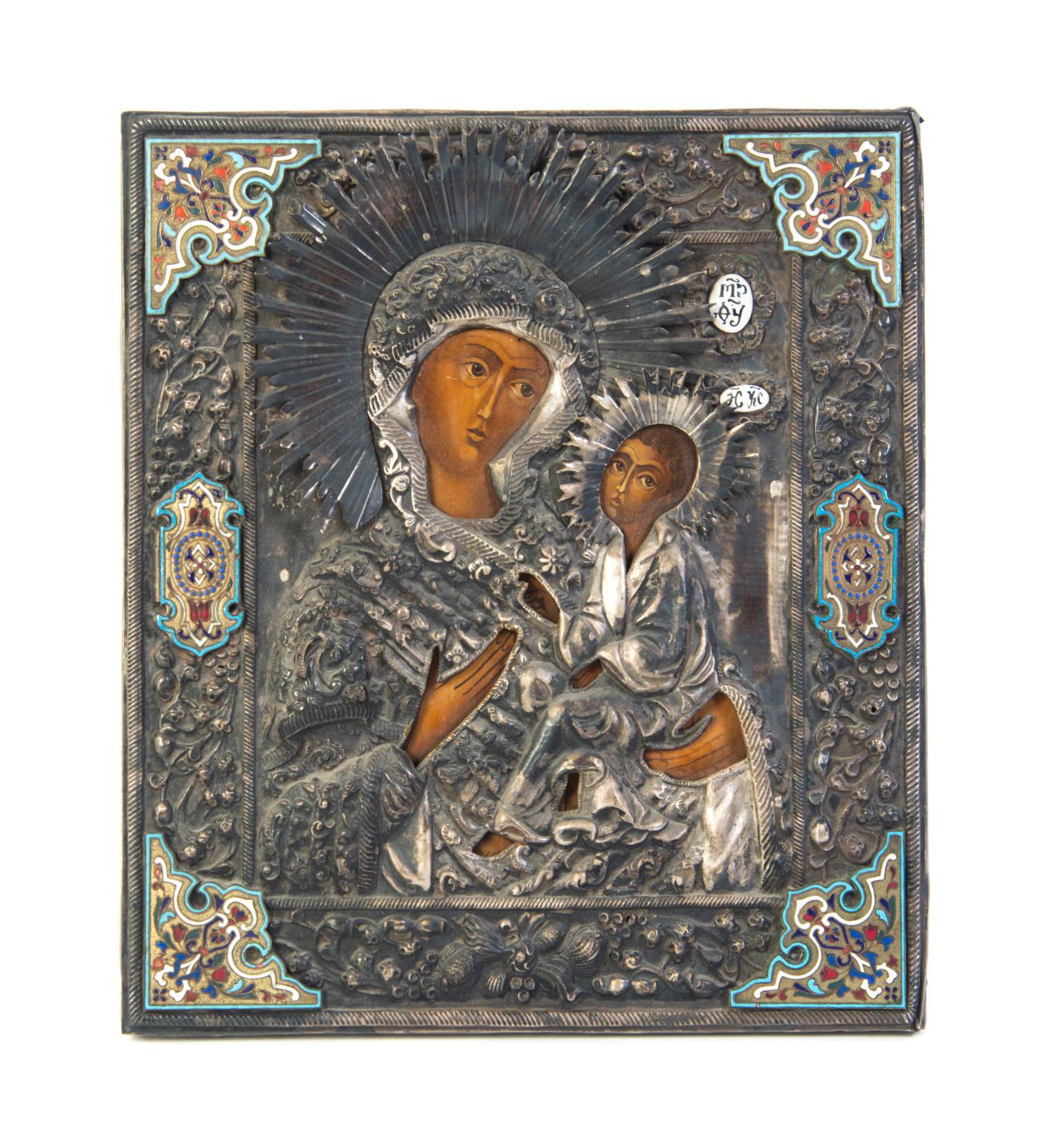 A Russian Enameled Oklad Icon, Height 12 1/2 x width 11 inches.