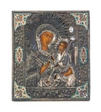 A Russian Enameled Oklad Icon, Height 12 1/2 x width 11 inches.