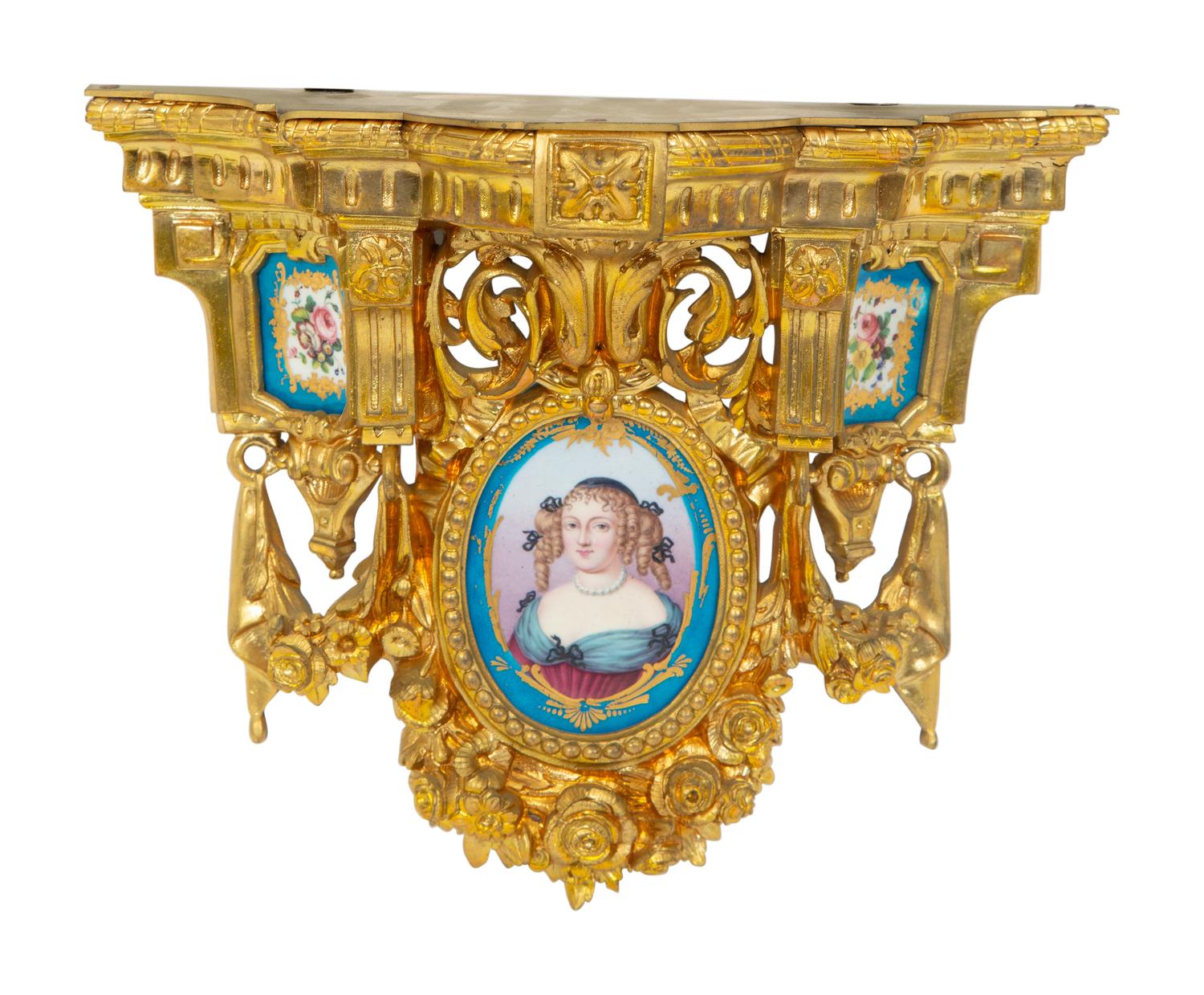 A Pair of Gilt Metal and Sèvres Style Porcelain Wall Brackets