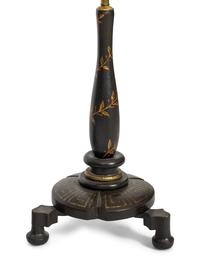 A Pair of Ebonized Parcel Gilt Floor Lamps with Papier Mache Shades