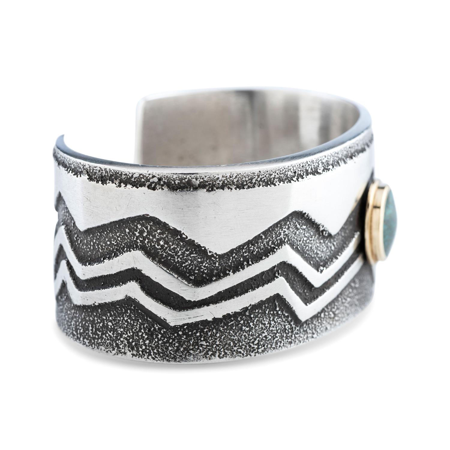 Tufa Cast Sterling Silver Cuff Bracelet, with Turquoise Cabochon in an 18K Gold Setting