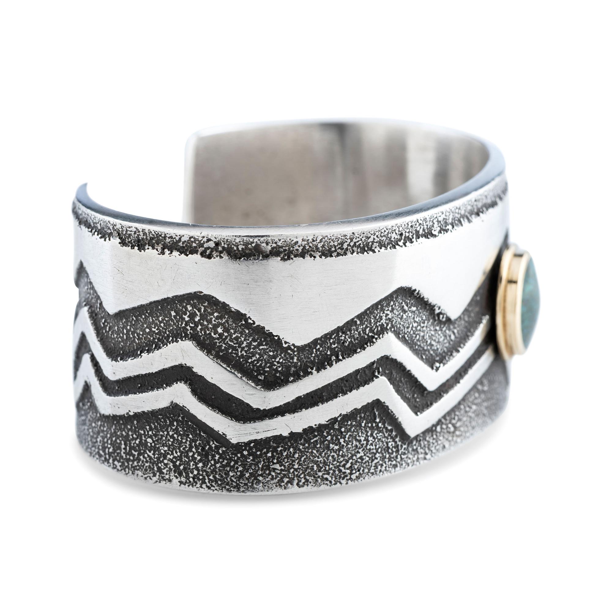Tufa Cast Sterling Silver Cuff Bracelet, with Turquoise Cabochon in an 18K Gold Setting
