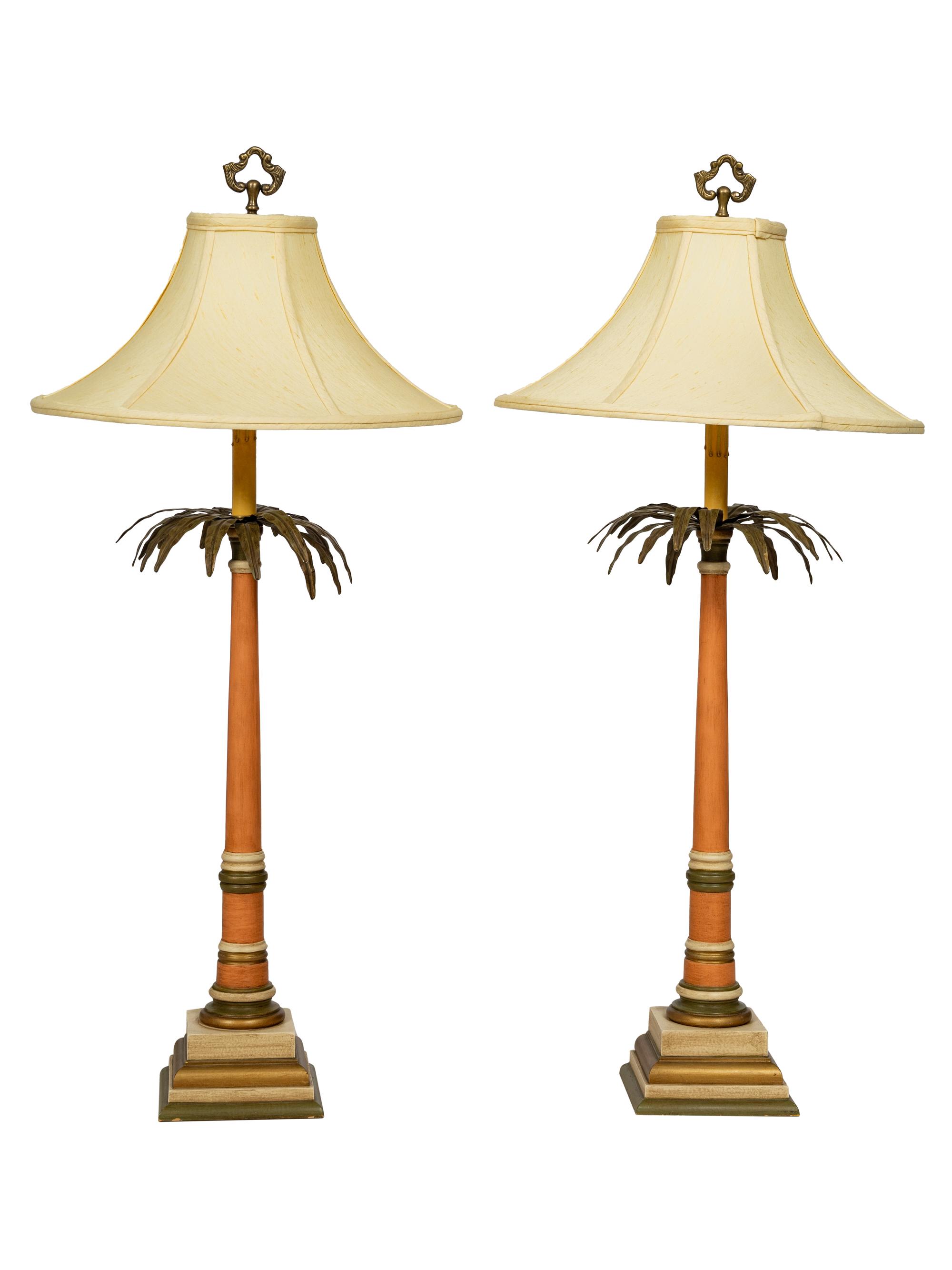 A Pair of Painted Tropical Regency Style Palm Frond Lamps