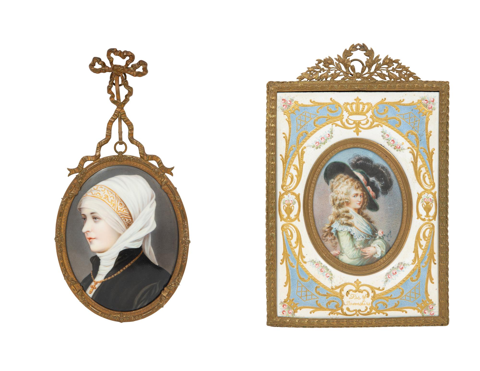 Two Continental Painted Porcelain Plaques in Gilt Metal Frames