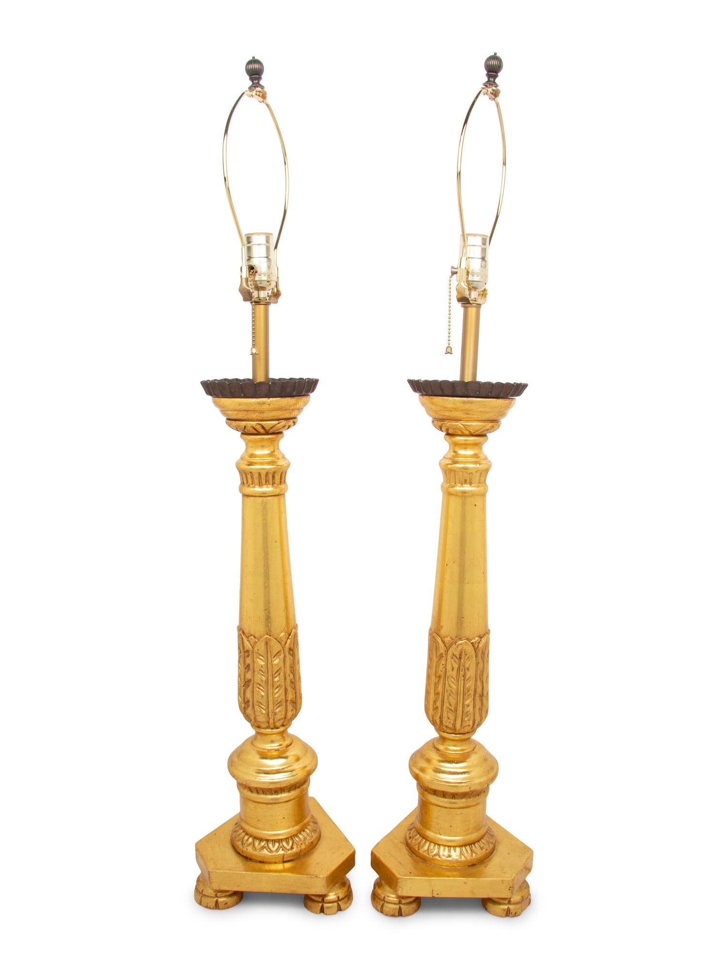 A Pair of Italian Neoclassical Style Carved Giltwood Table Lamps