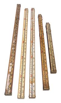 A Group of Five Surveyor's Telescoping Level Rods Height of tallest 80 inches (when collapsed).