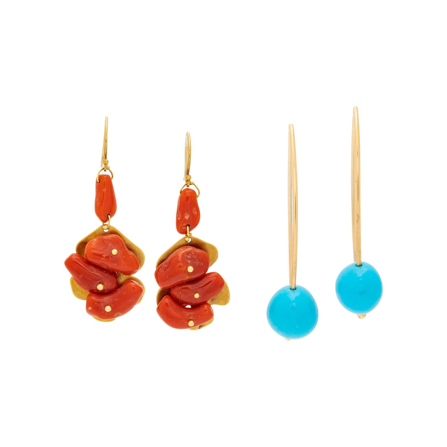 COLLECTION OF YELLOW GOLD, CORAL AND TURQUOISE EARRINGS