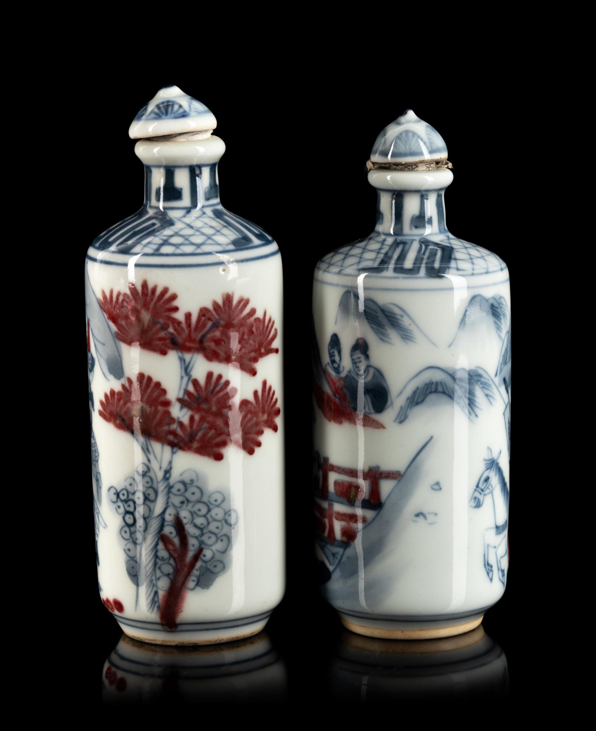 A Pair of Chinese Copper Red and Underglaze Blue Porcelain Snuff Bottles