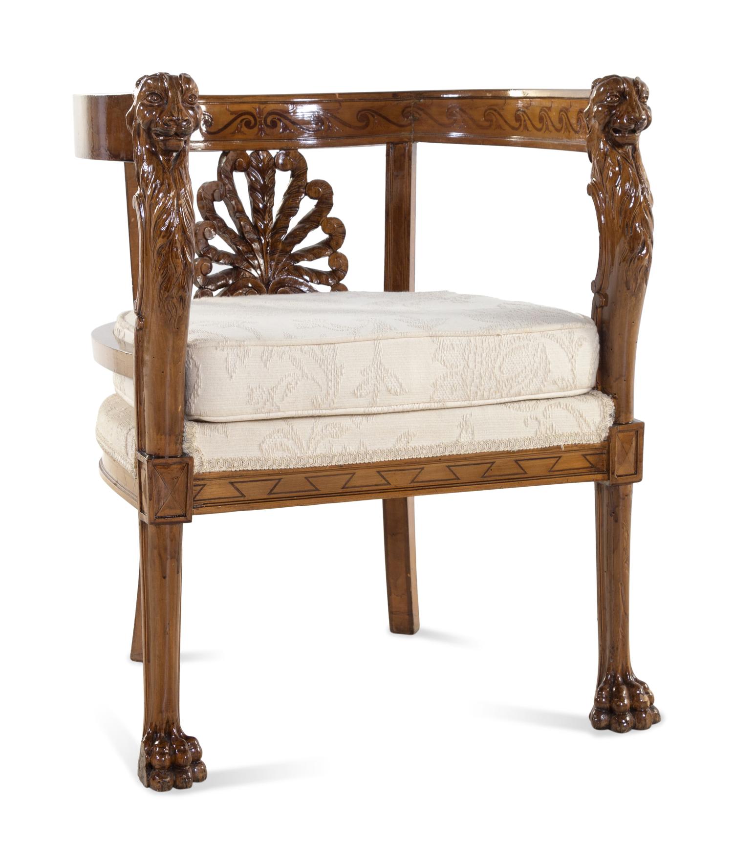 An Italian Neoclassical Style Carved Walnut and Parquetry Three-Piece Salon Suite