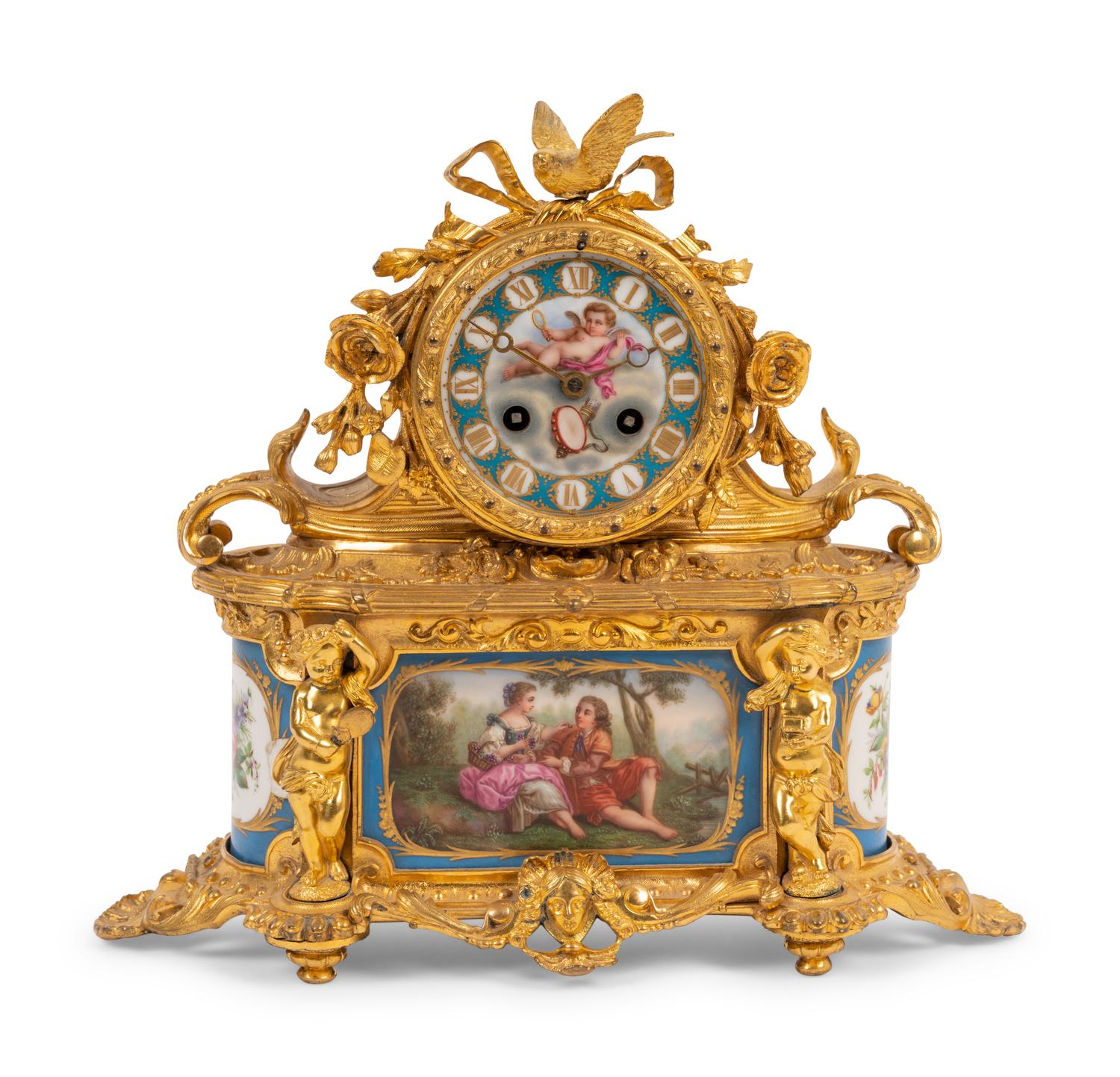 A French Gilt Bronze and Sèvres Style Porcelain Mantel Clock