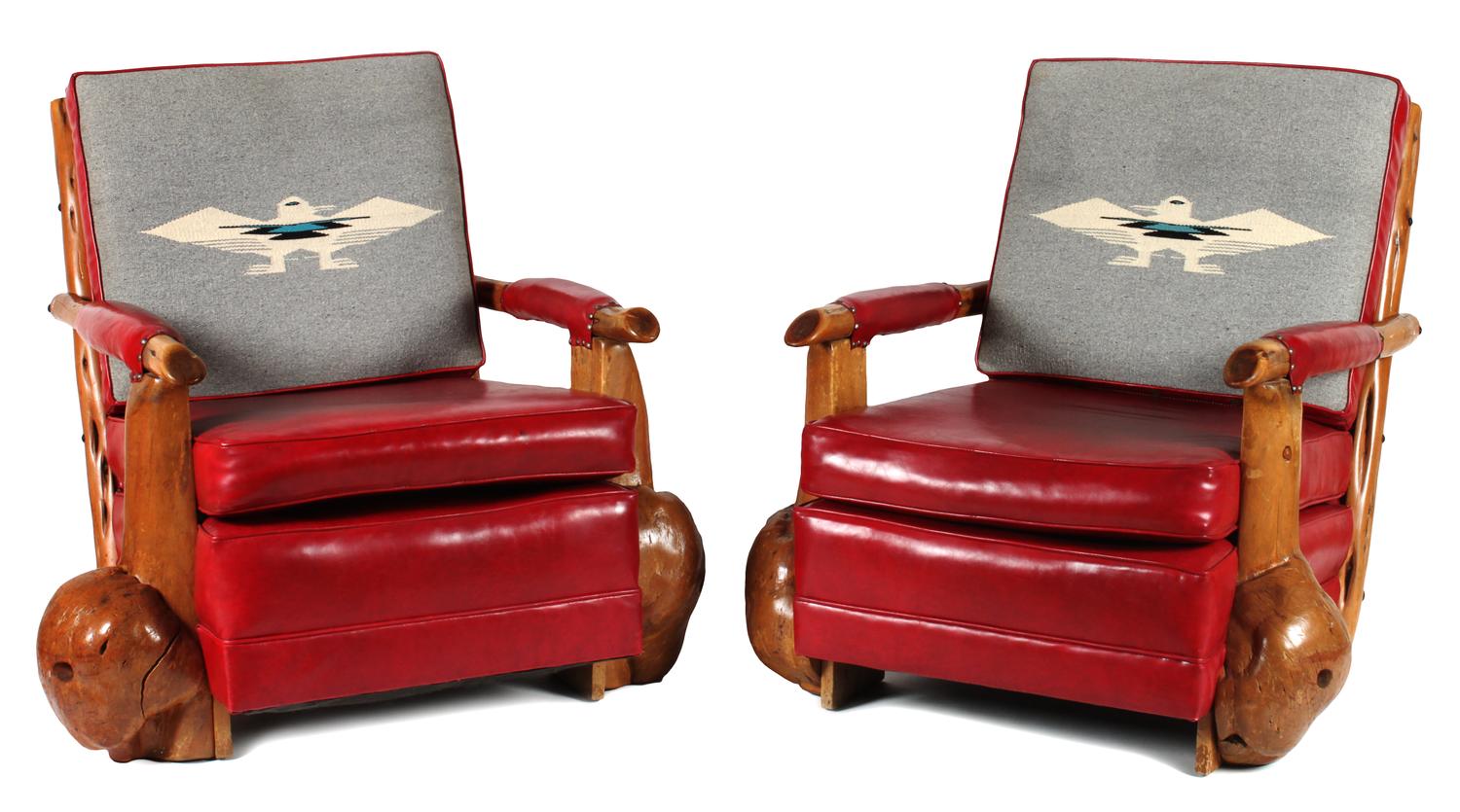 Pair of Western Style Burled Wood Club Chairs by Uptown Furniture Company Height 33 x width 35 x depth 36 inches