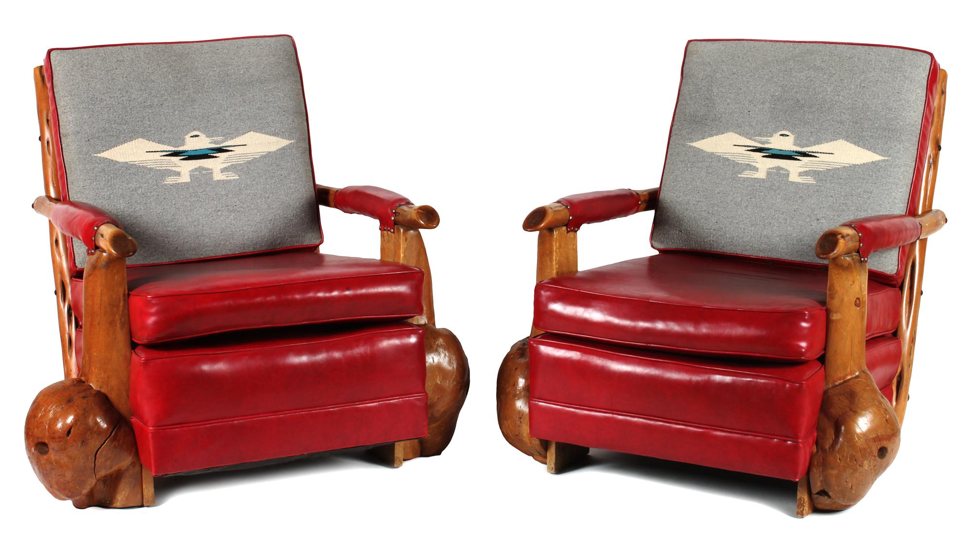 Pair of Western Style Burled Wood Club Chairs by Uptown Furniture Company Height 33 x width 35 x depth 36 inches