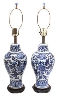 A Pair of Blue and White Chinese Export Porcelain Lamps — 20TH CENTURY