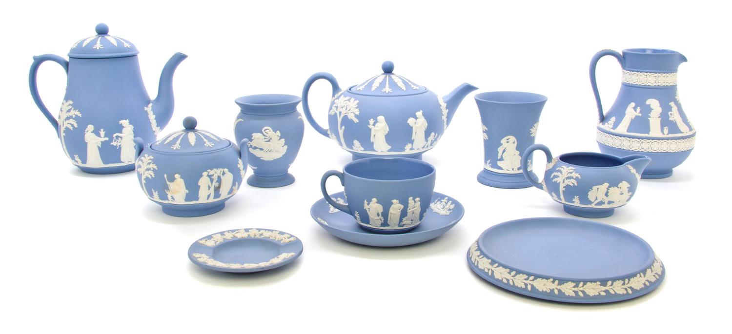 A Wedgwood Jasperware Tea Service, Diameter of saucer 5 5/8 inches.