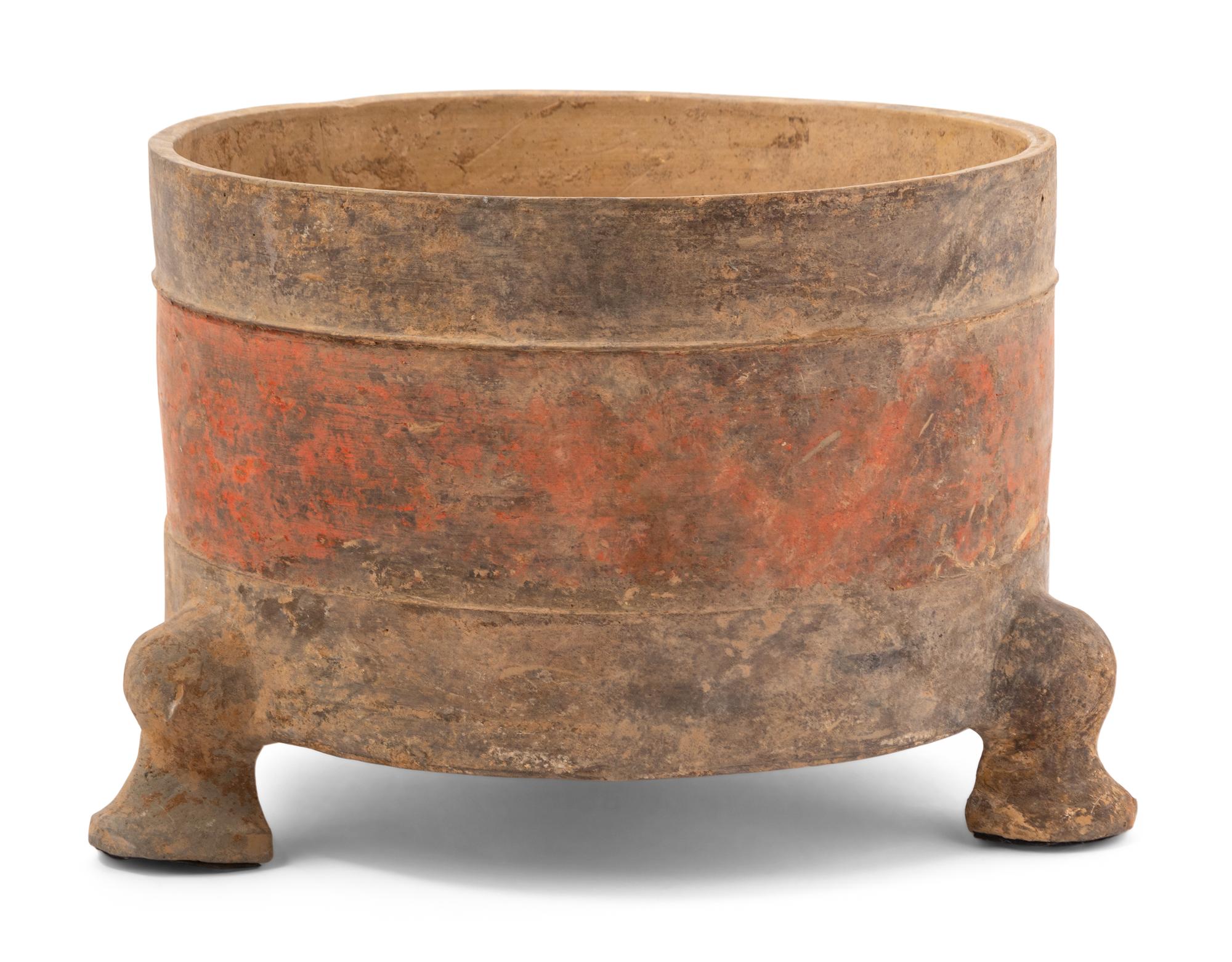 A Chinese Red Painted Grey Pottery Tripod Censer, Lu
