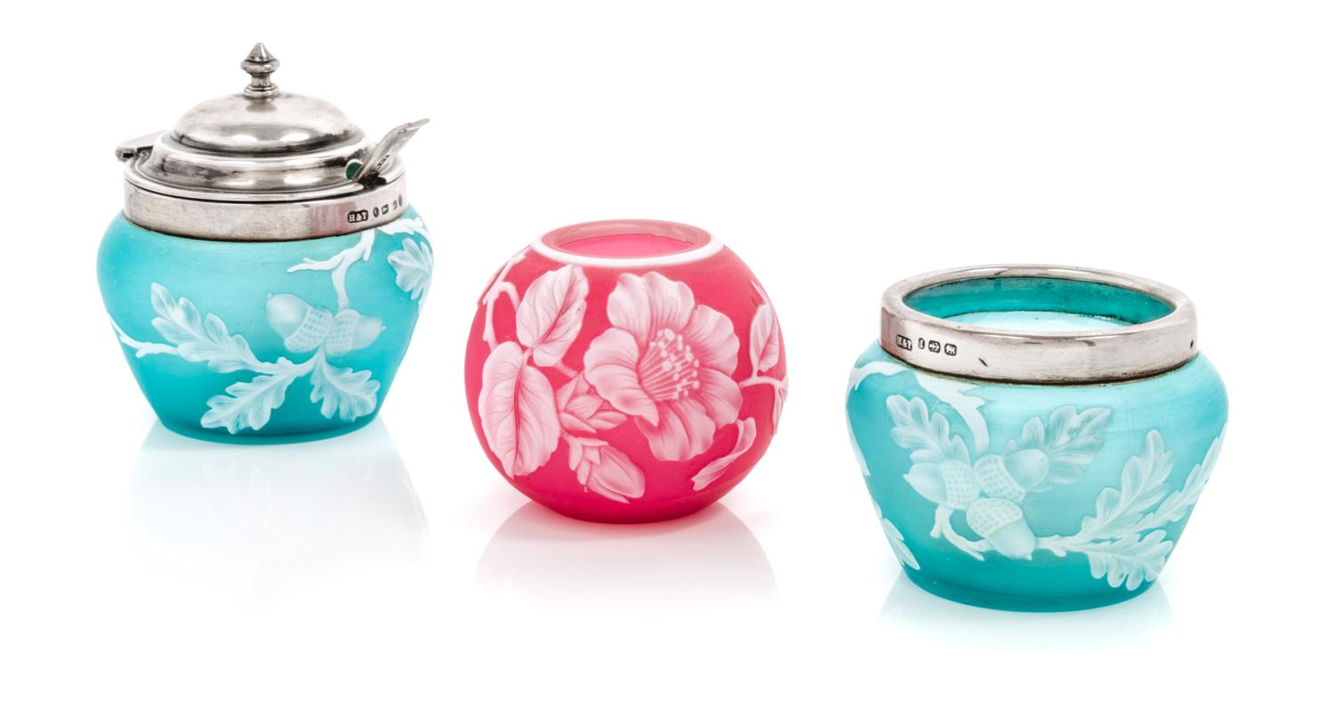 English, LATE 19TH CENTURY, three cameo glass articles, comprising a vase and two silver mounted articles