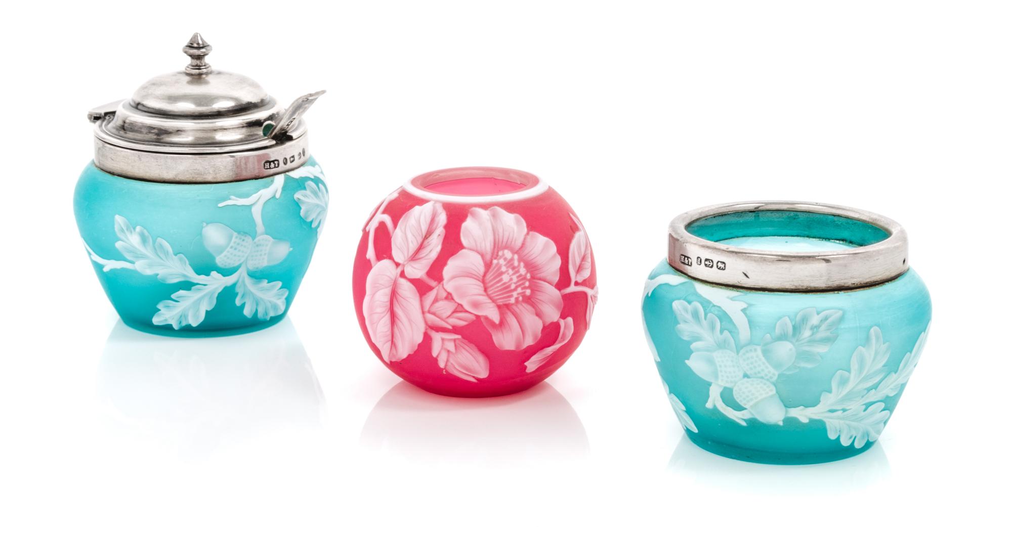 English, LATE 19TH CENTURY, three cameo glass articles, comprising a vase and two silver mounted articles