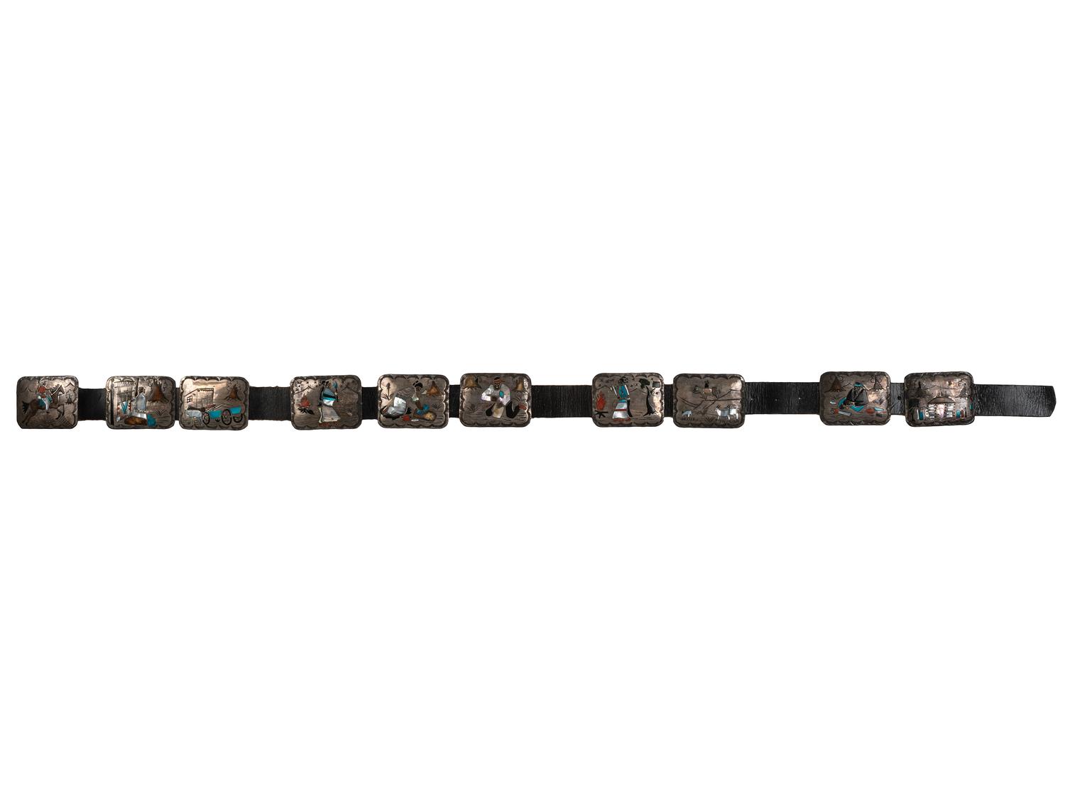 Navajo Silver Storyteller Concha Belt, with Inlay