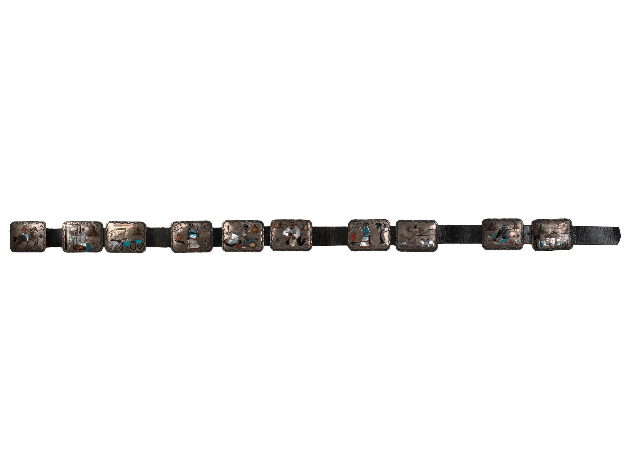 Navajo Silver Storyteller Concha Belt, with Inlay