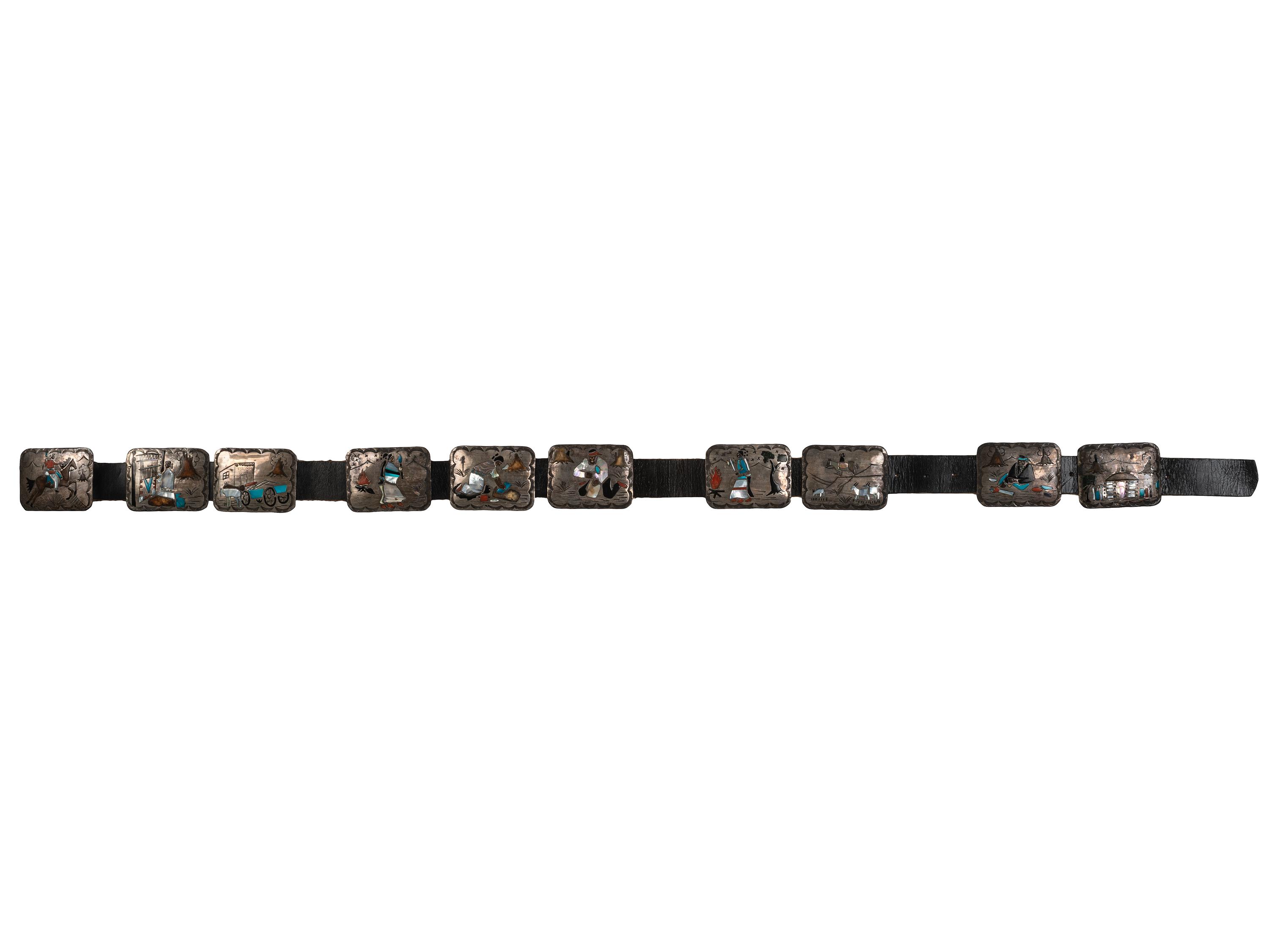Navajo Silver Storyteller Concha Belt, with Inlay