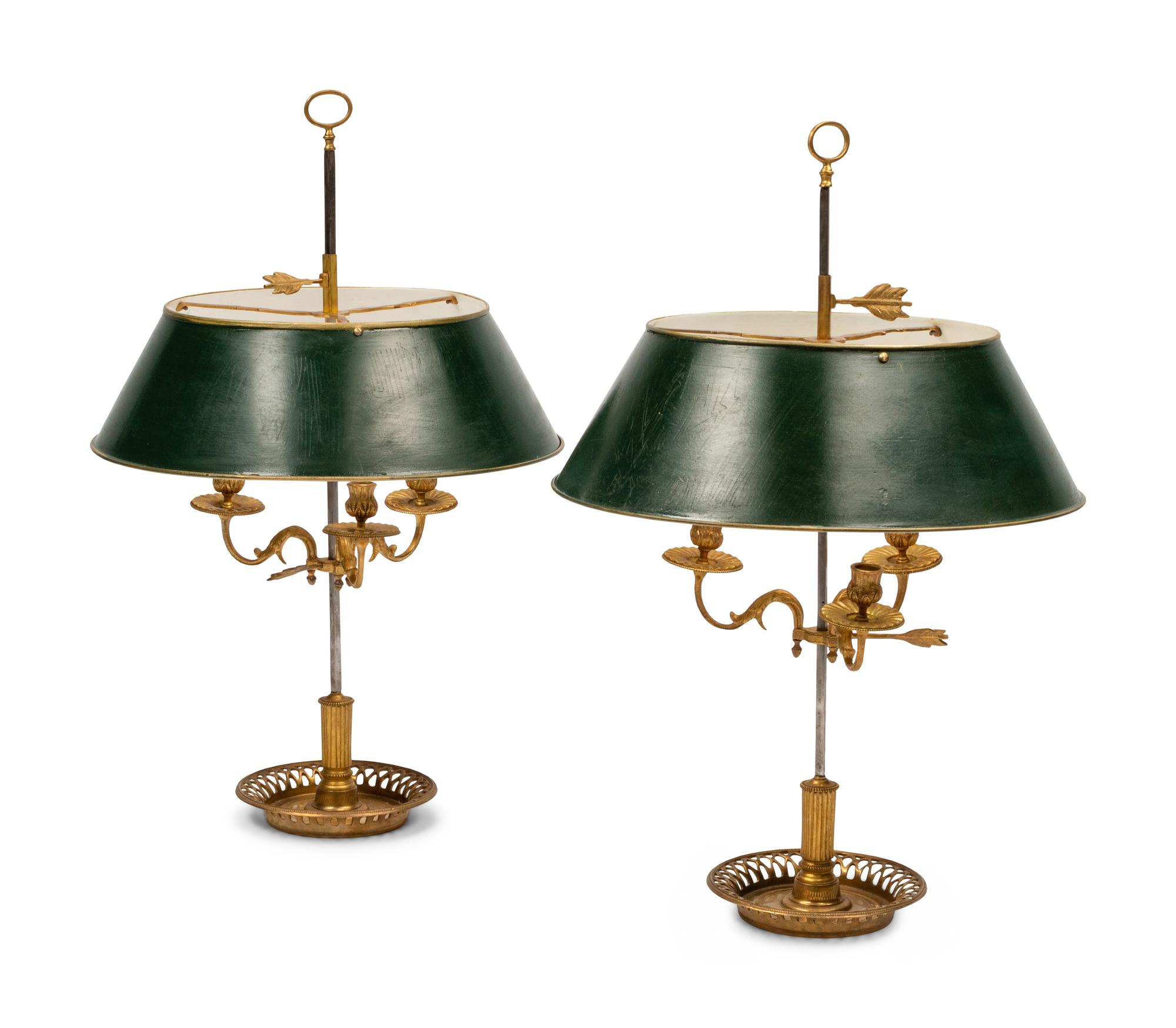 A Pair of Empire Style Gilt Metal Bouillotte Lamps with Tôle Shades