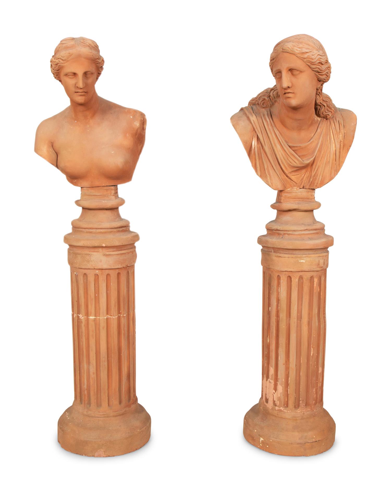 A Pair of Terracotta Busts on Pedestals