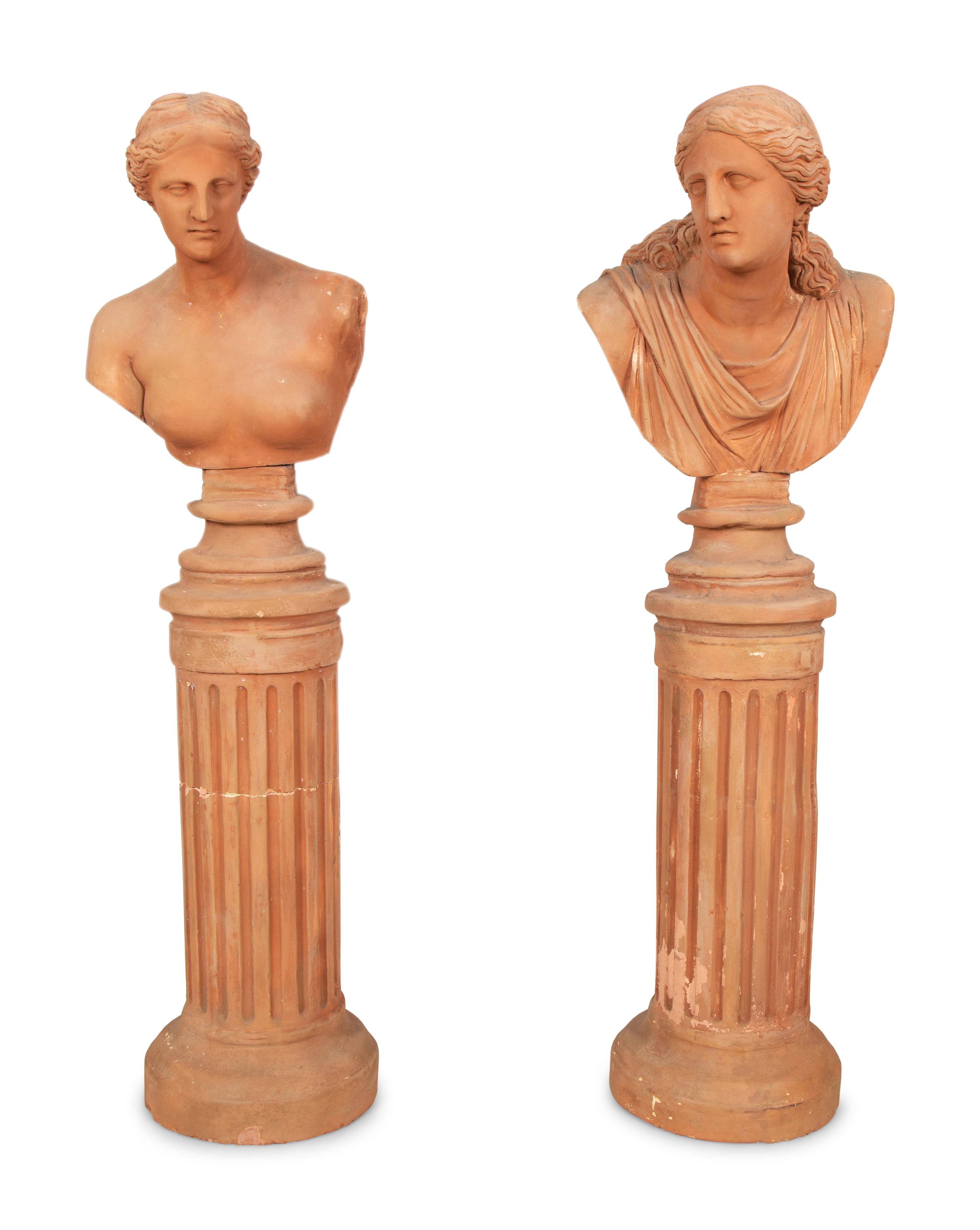 A Pair of Terracotta Busts on Pedestals