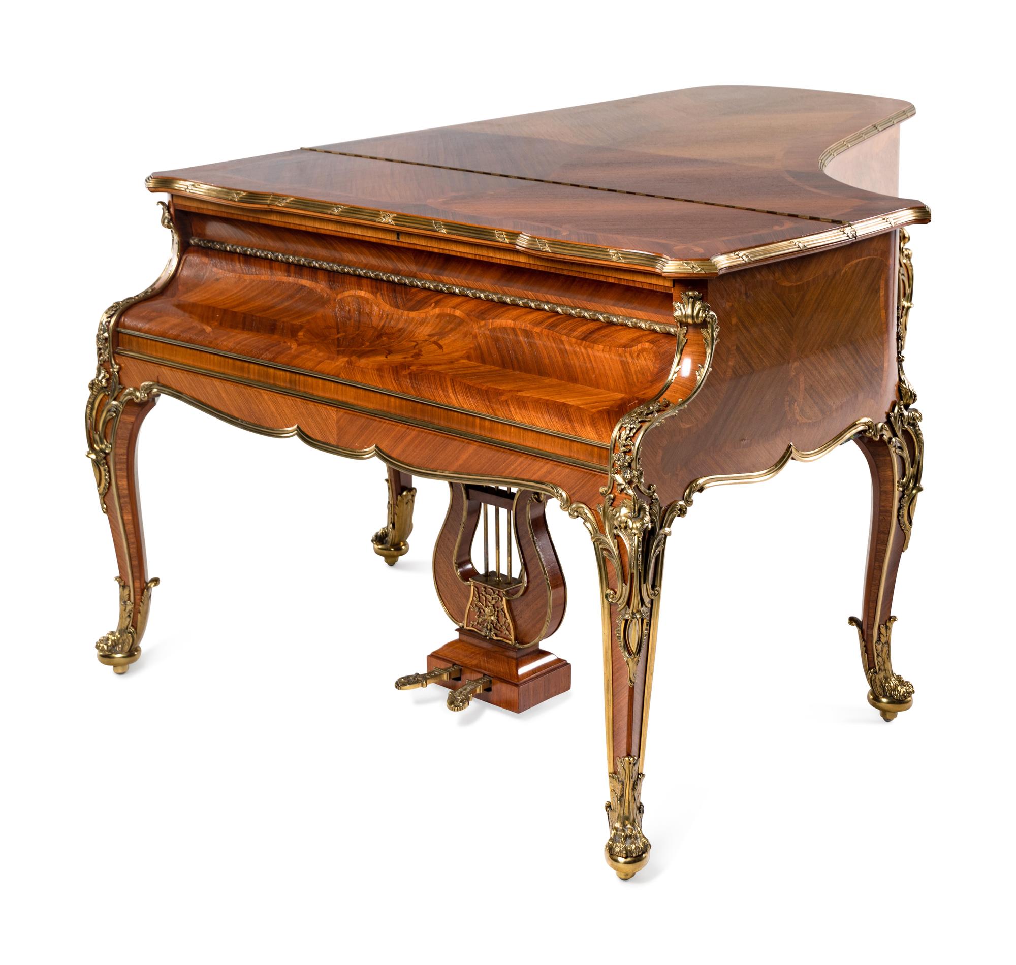 A Louis XV Style Gilt Bronze Mounted Kingwood, Bois Satiné, Mahogany and Marquetry Piano à Queue