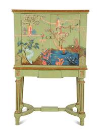 A Louis XVI Style Painted and Parcel Gilt Chinoiserie Decorated Cabinet on Stand