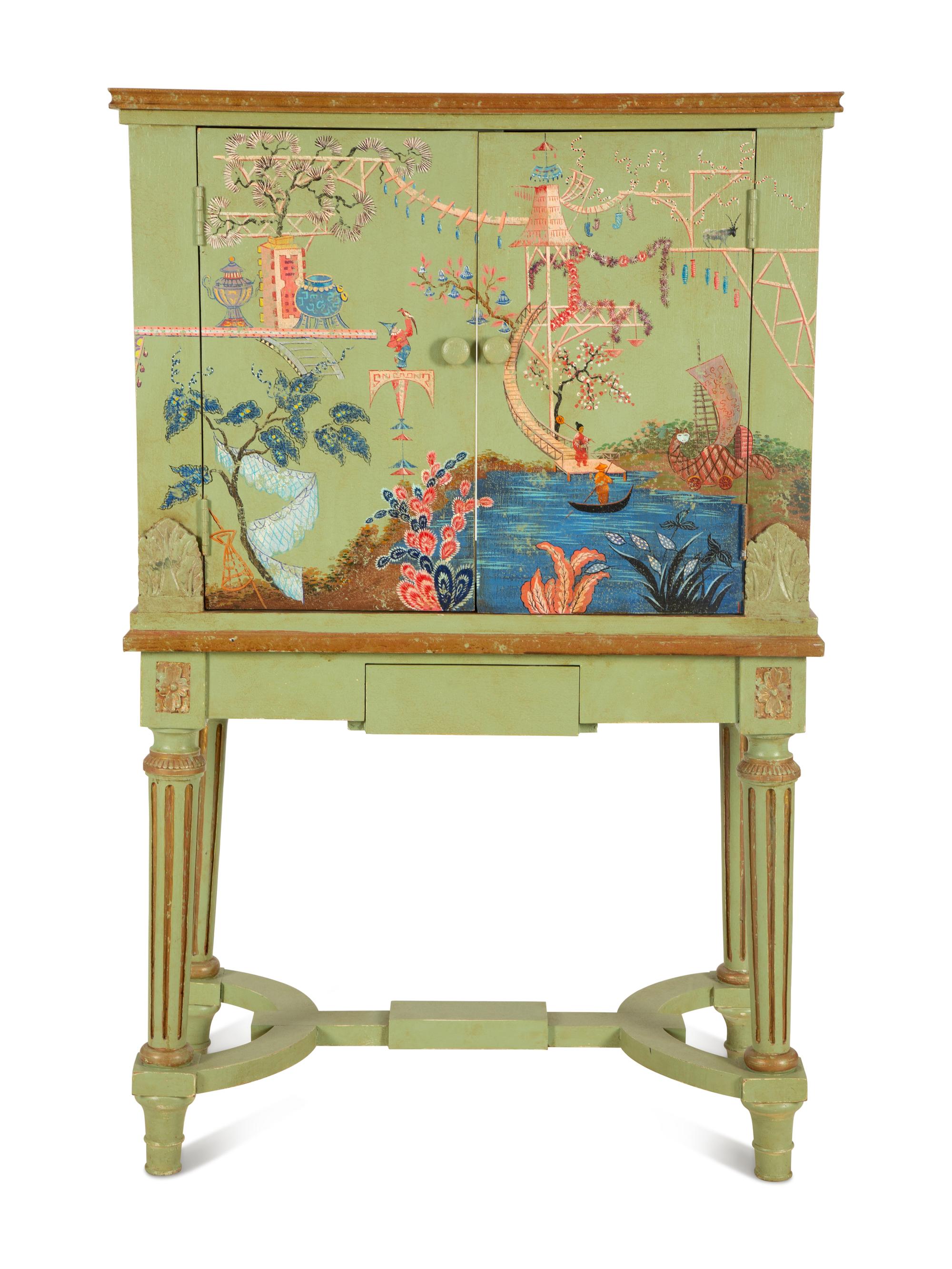 A Louis XVI Style Painted and Parcel Gilt Chinoiserie Decorated Cabinet on Stand