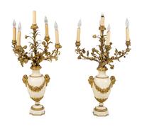 A Pair of Neoclassical Gilt Bronze and Marble Five-Light Candelabra