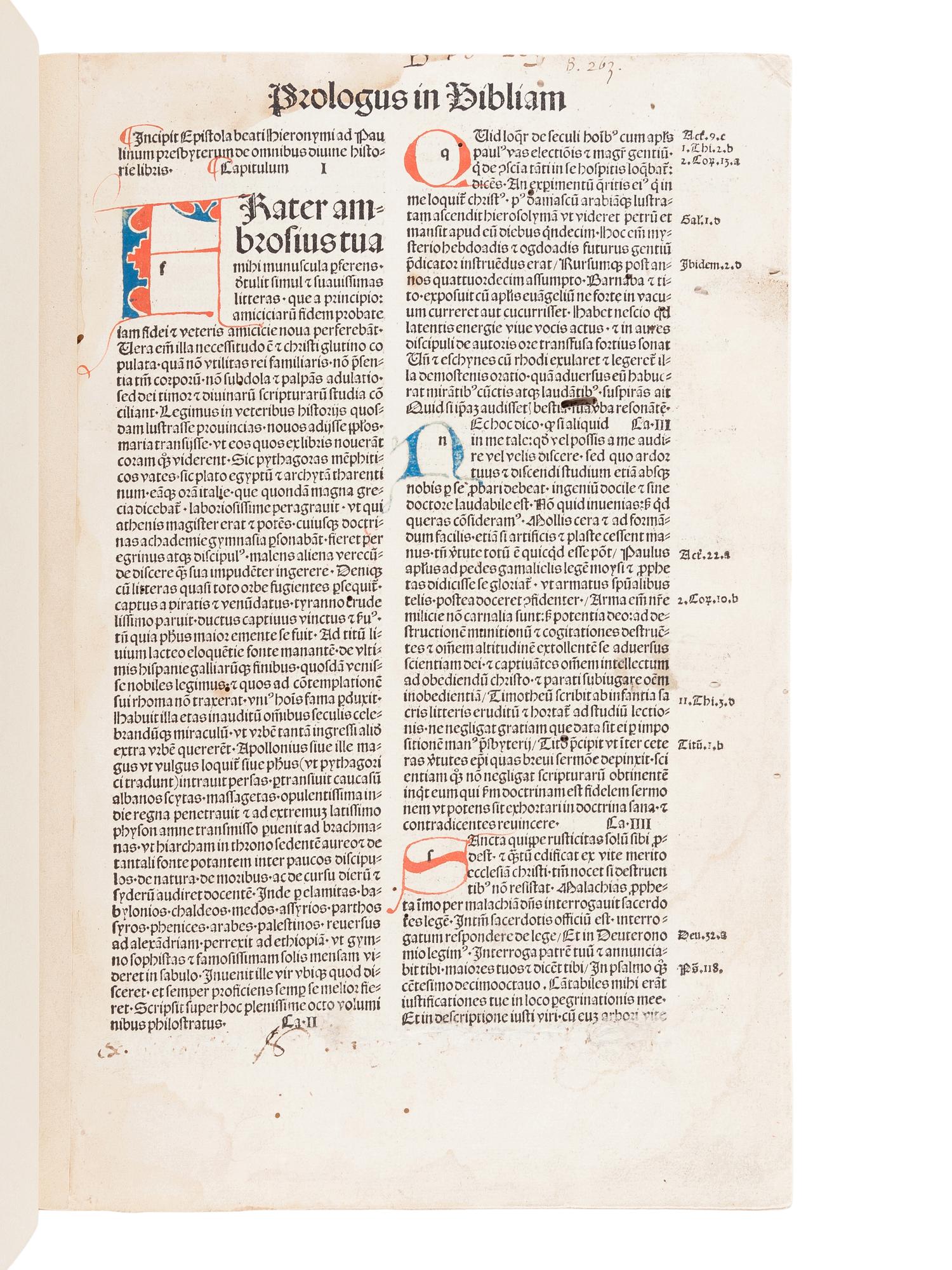[BIBLE, in Latin]. Biblia . [Basel: Johann Amerbach or Freiburg: Kilian Fischer], 1491.