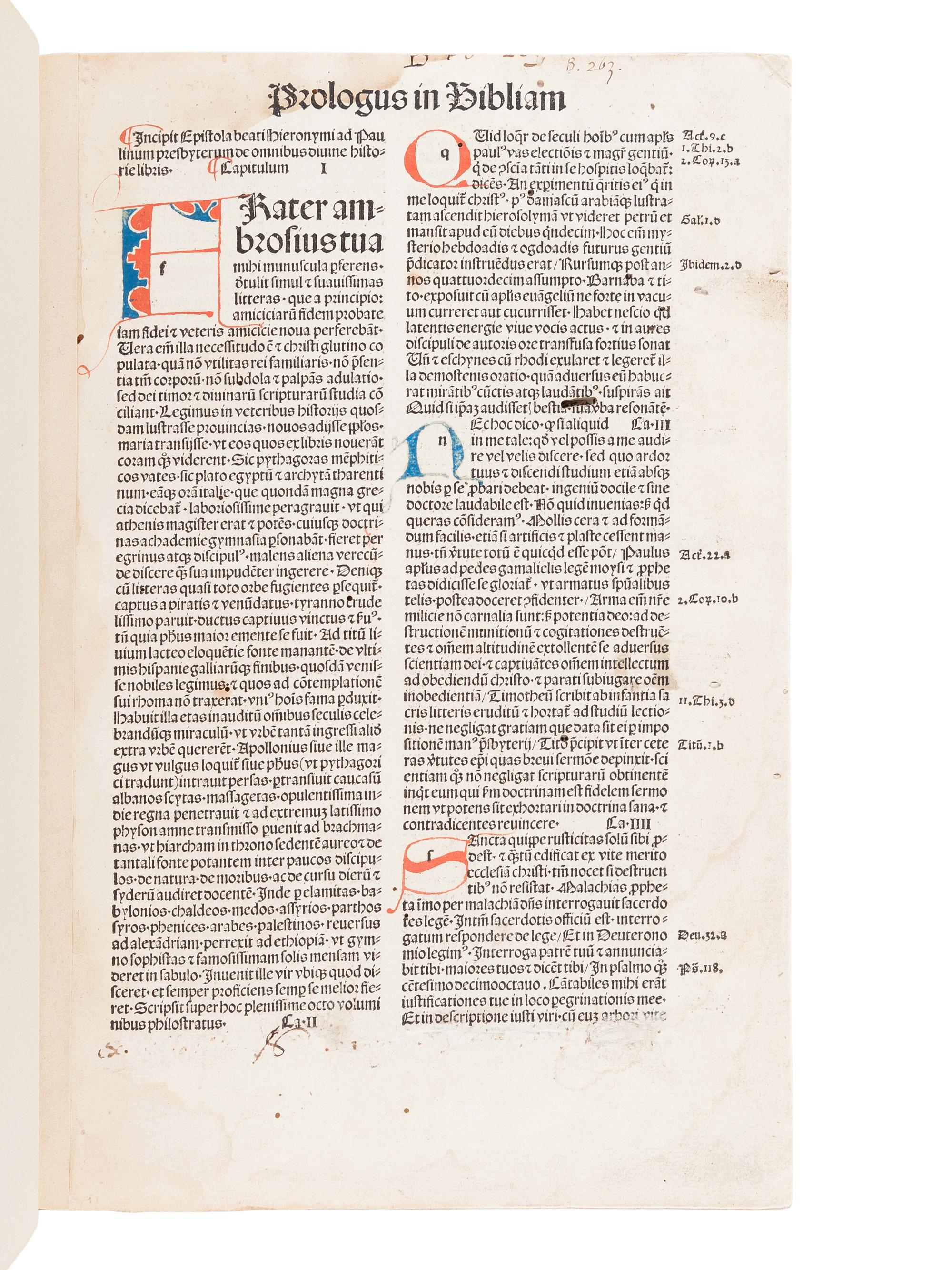 [BIBLE, in Latin]. Biblia . [Basel: Johann Amerbach or Freiburg: Kilian Fischer], 1491.