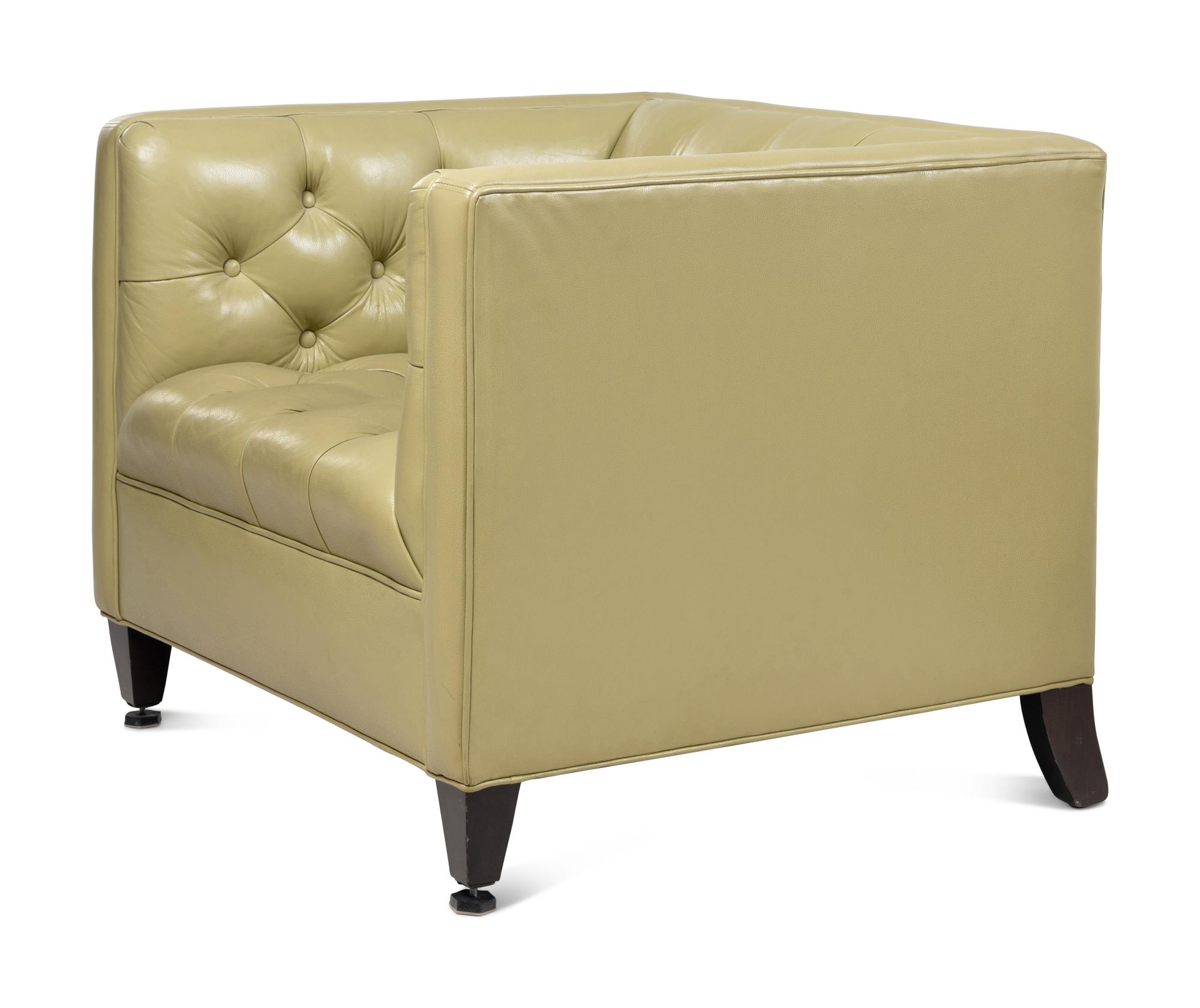 A Pair of Contemporary Apple Green Leather-Upholstered Lounge Chairs
