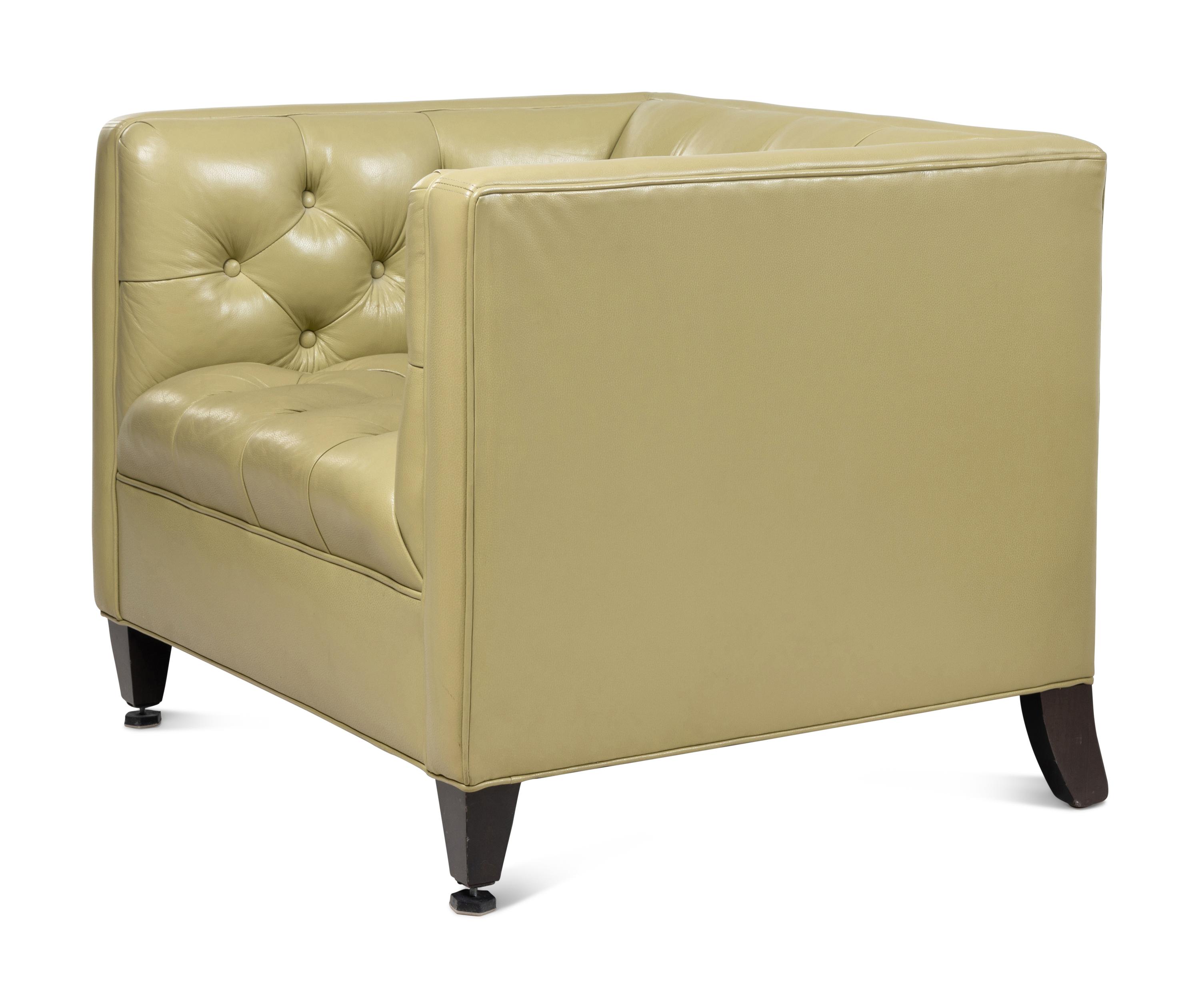 A Pair of Contemporary Apple Green Leather-Upholstered Lounge Chairs