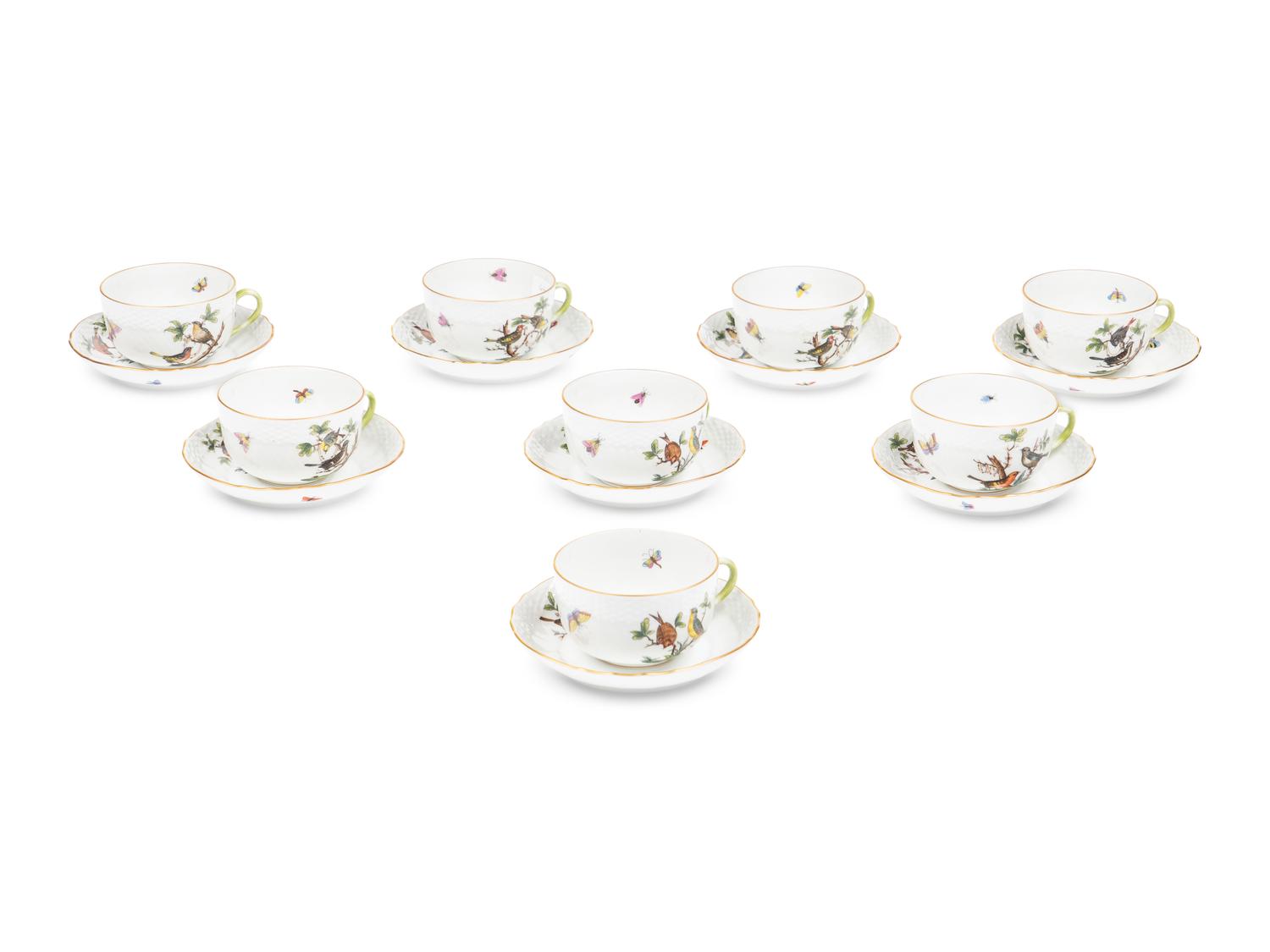 A Set of Eight Herend Rothschild Bird Porcelain Teacups and Saucers