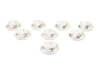 A Set of Eight Herend Rothschild Bird Porcelain Teacups and Saucers