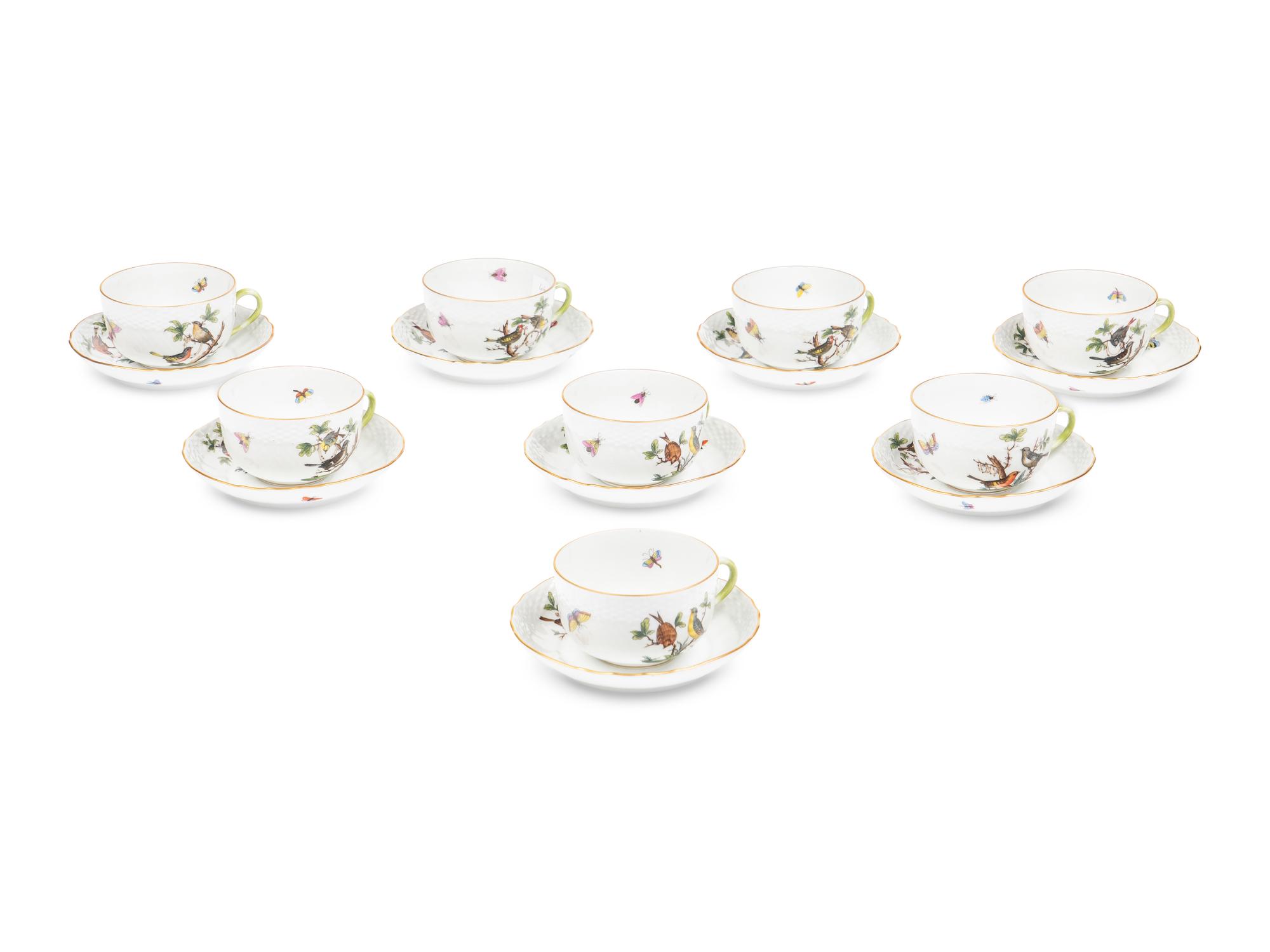 A Set of Eight Herend Rothschild Bird Porcelain Teacups and Saucers