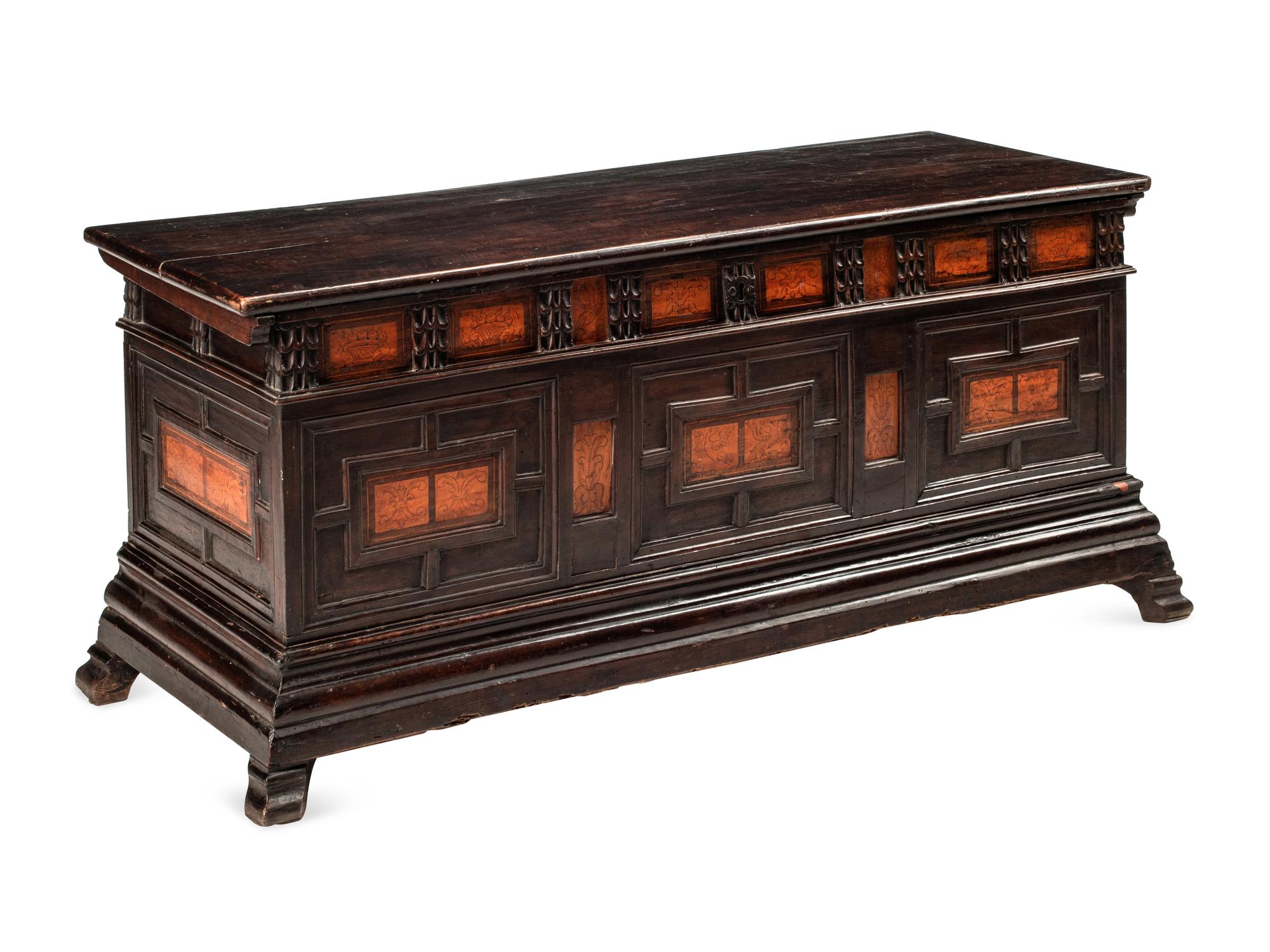 An Italian Penwork-Inset Walnut Cassone